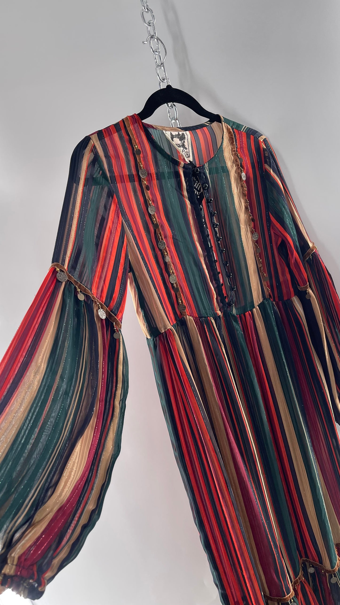 JAASE Striped MIDI Dress with Ruffled Hem, Coin Detailing, Dramatic Button Front Dress (XS)