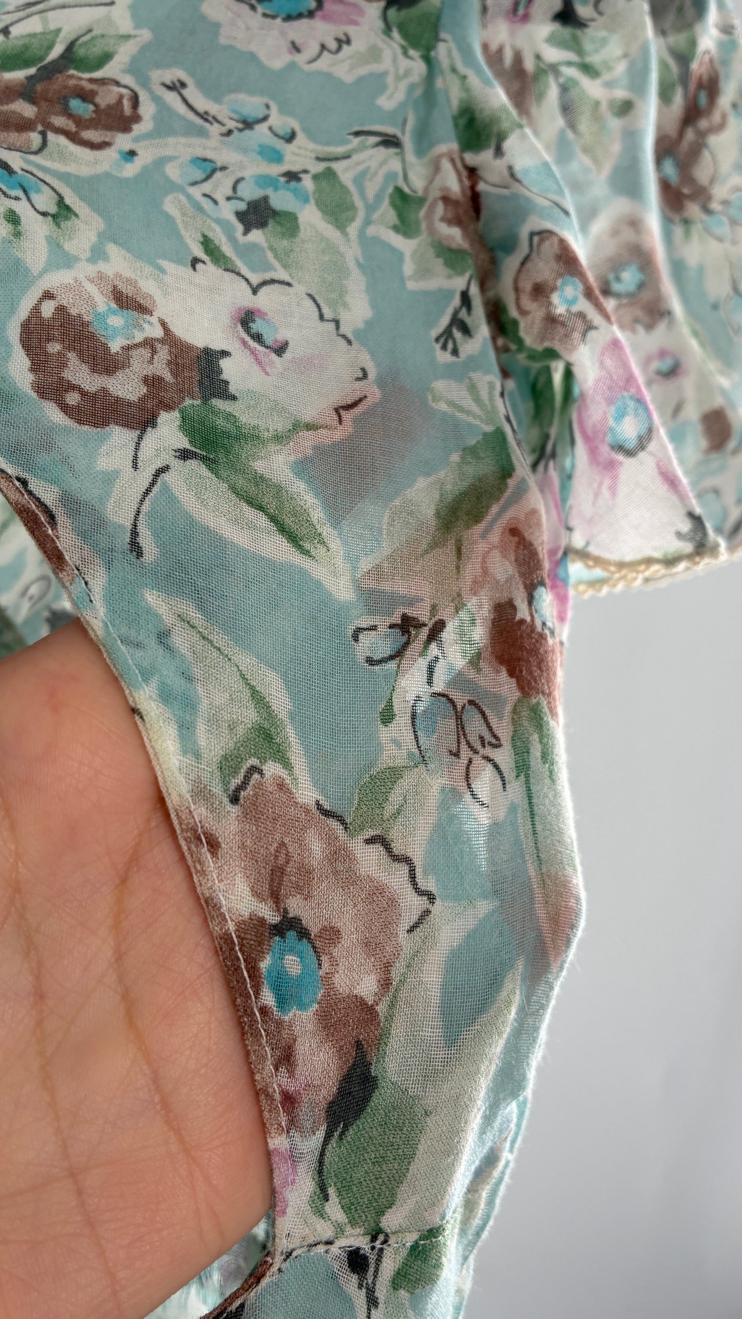Handmade Vintage PLAIN JANE 1970s Voluminous Floral Gown with Bust Detail and Open Back (XS)