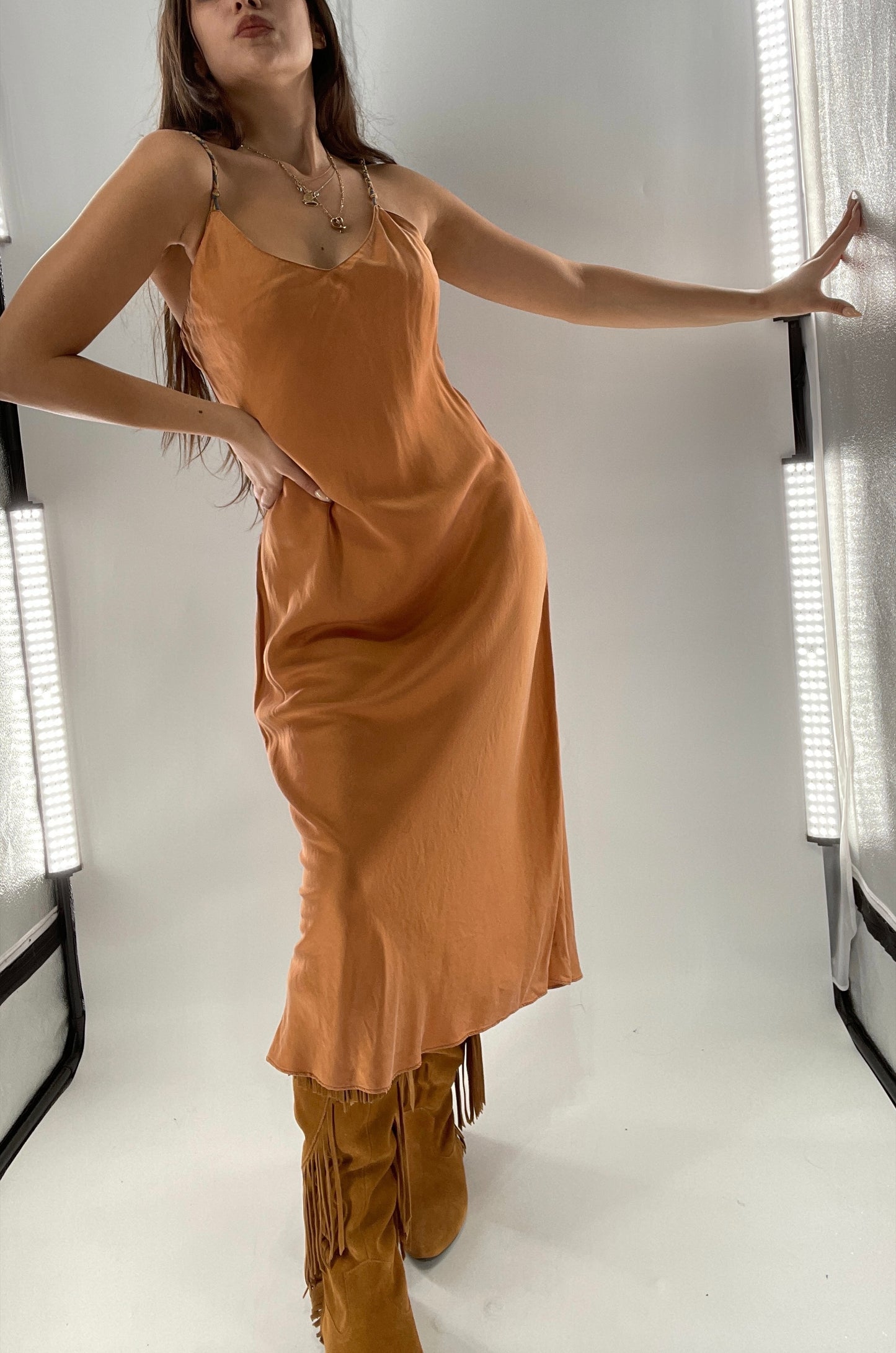 DIANE GILMAN 100% Silk Terracotta Clay Toned Tan Dress (Medium)