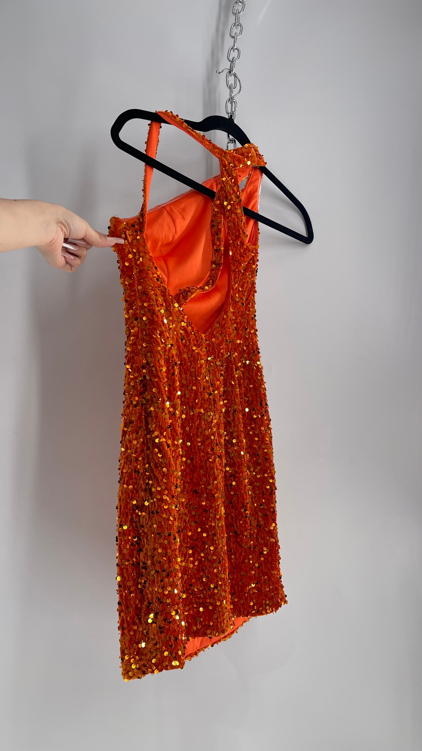 Orange Velvet Sequin Mini Dress with Cut Out Details (XS/S)