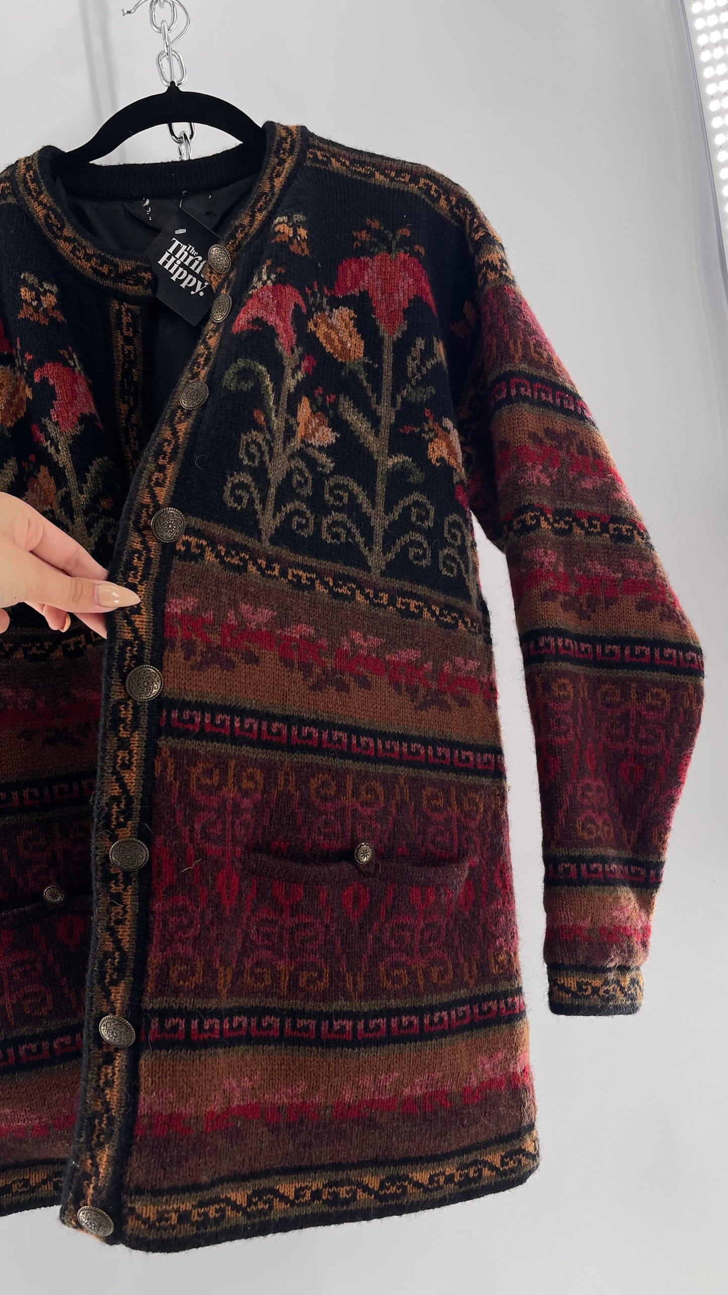 Vintage Iceland Design Wool Jacket with Brass Embossed Buttons and Folk Floral Patterning(C)(Medium)