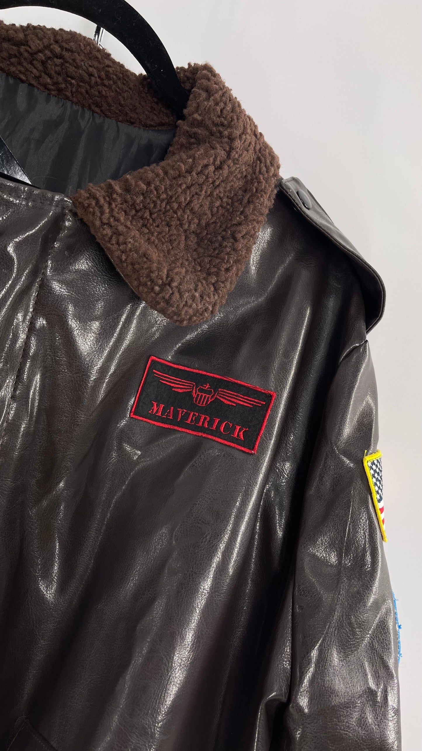 Vintage Dark Brown Top Gun Bomber Jacket with Patches and Teddy Sherpa Collar (Large)