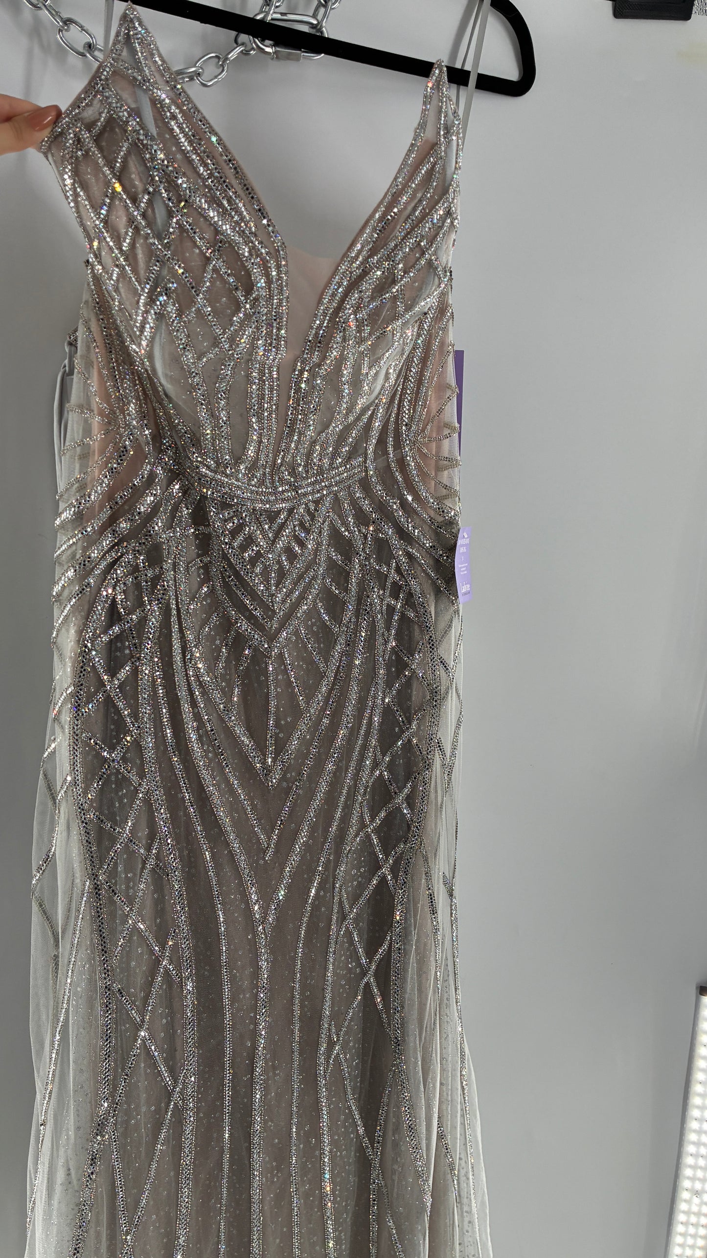 NWT LADIVINE by Cinderella Divine Silver Nude CC6018 Mermaid Corseted Gown with Multiple Layers of Tulle, Covered in Crystal Strips (16)
