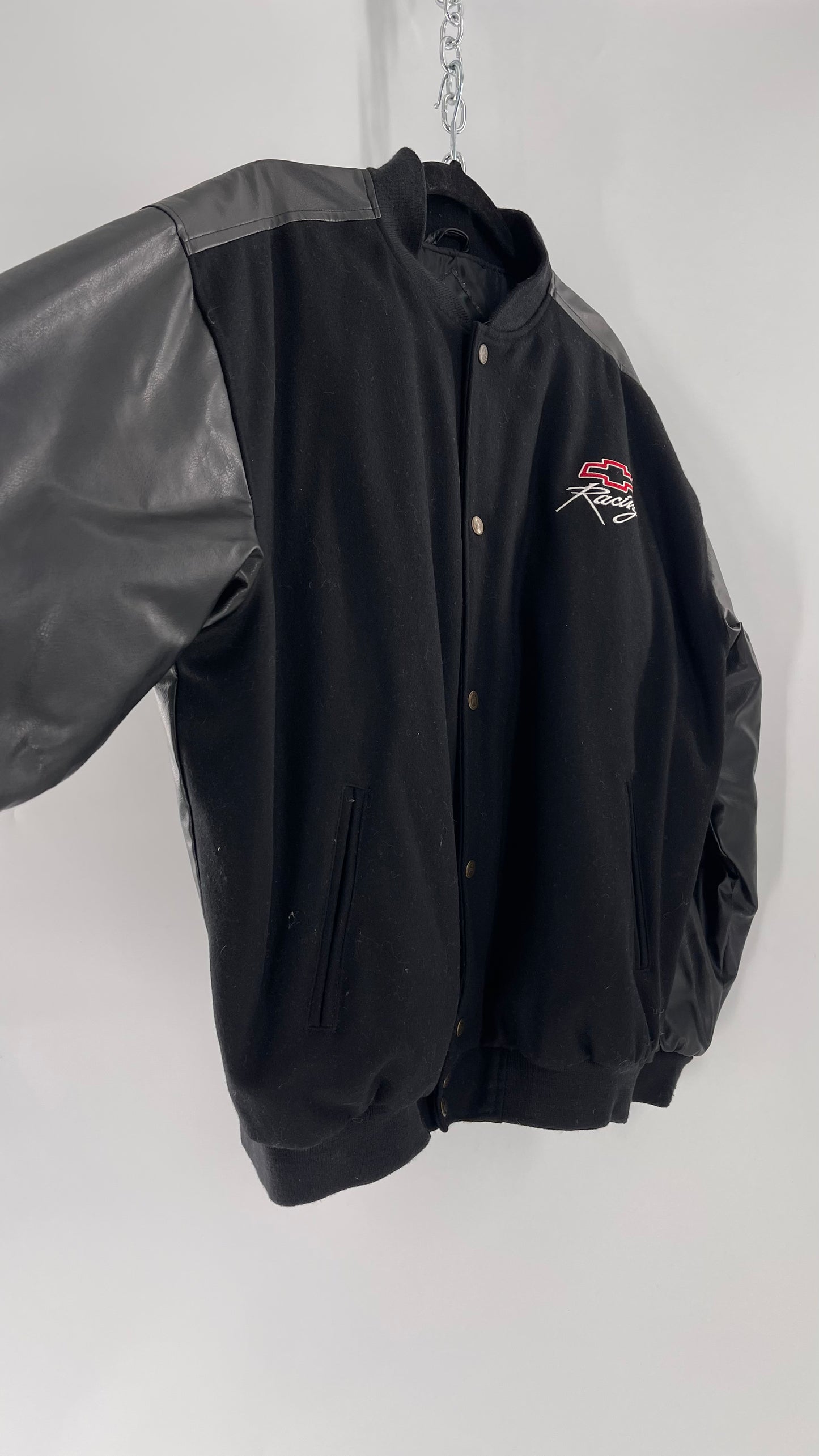 Vintage Chevy Racing Varsity Bomber Jacket with Red Logo Embroidery (Large)