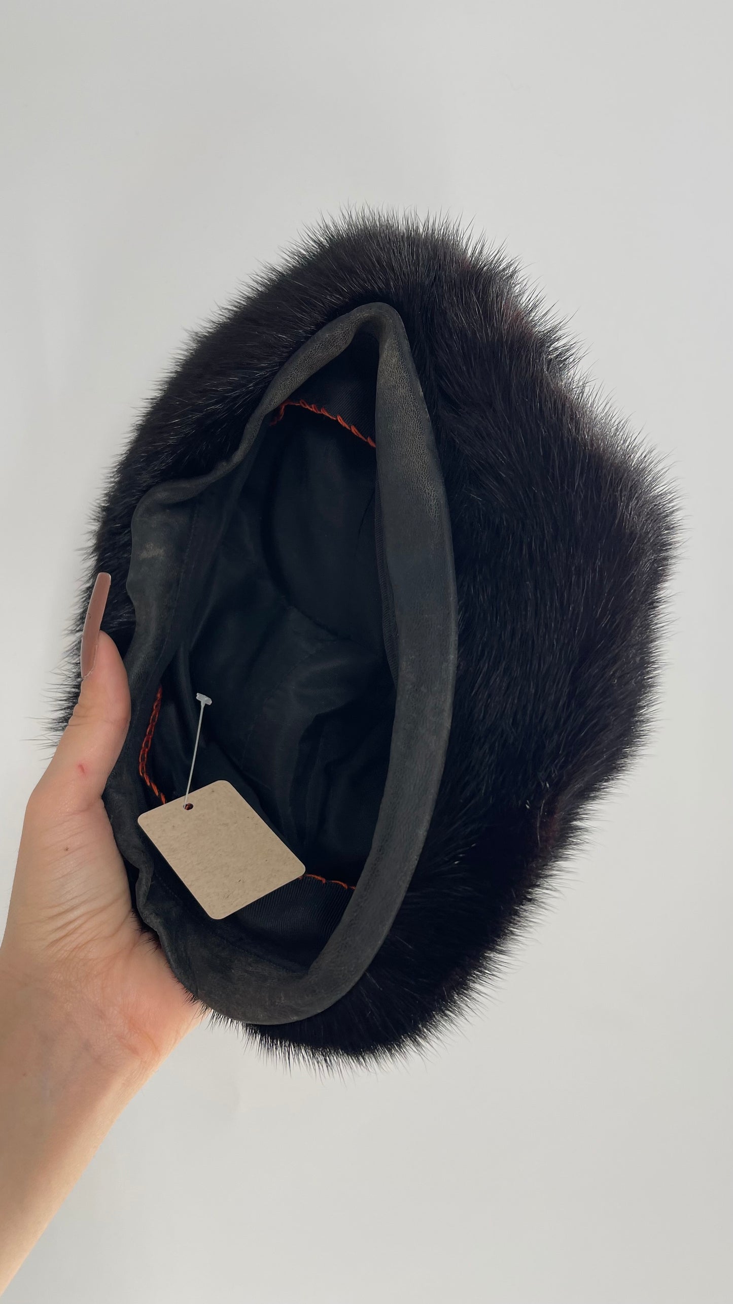 Vintage Genuine Fur Beret with Black Leather Inner Trim