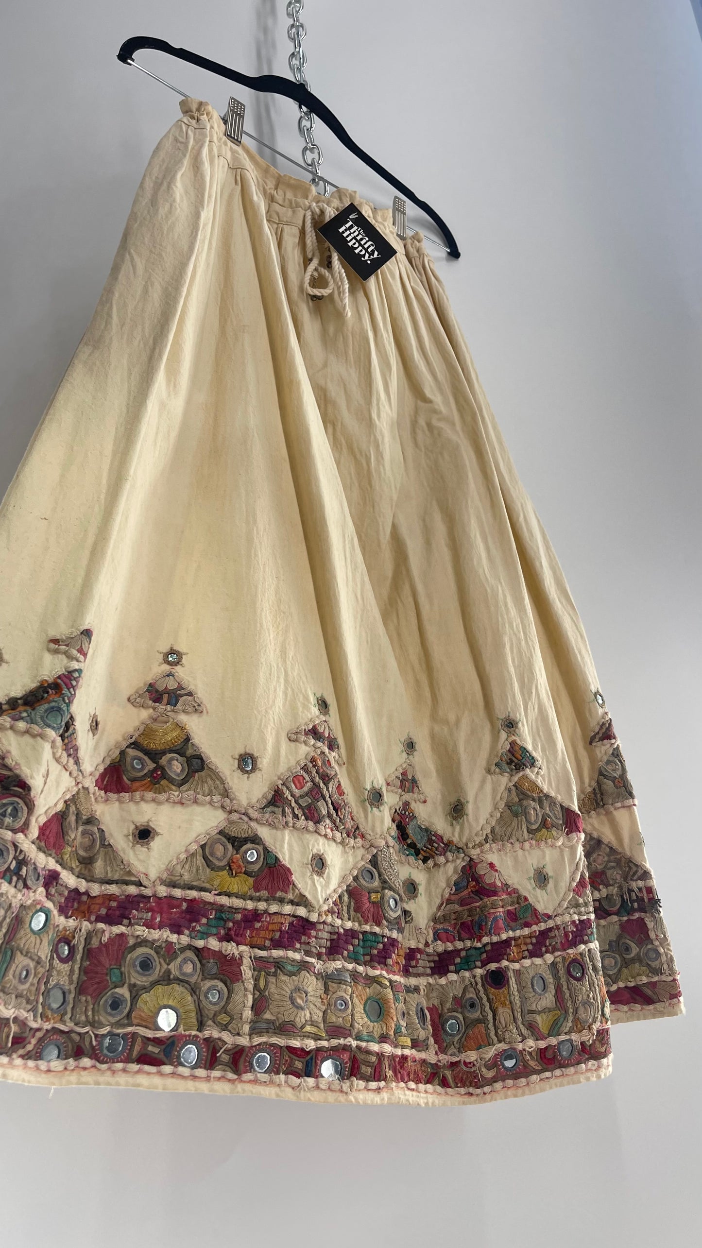 Vintage Imported Hand Stitched Skirt with Embroidered, Patchwork and Mirror Details (S/M Drawstring Waist)