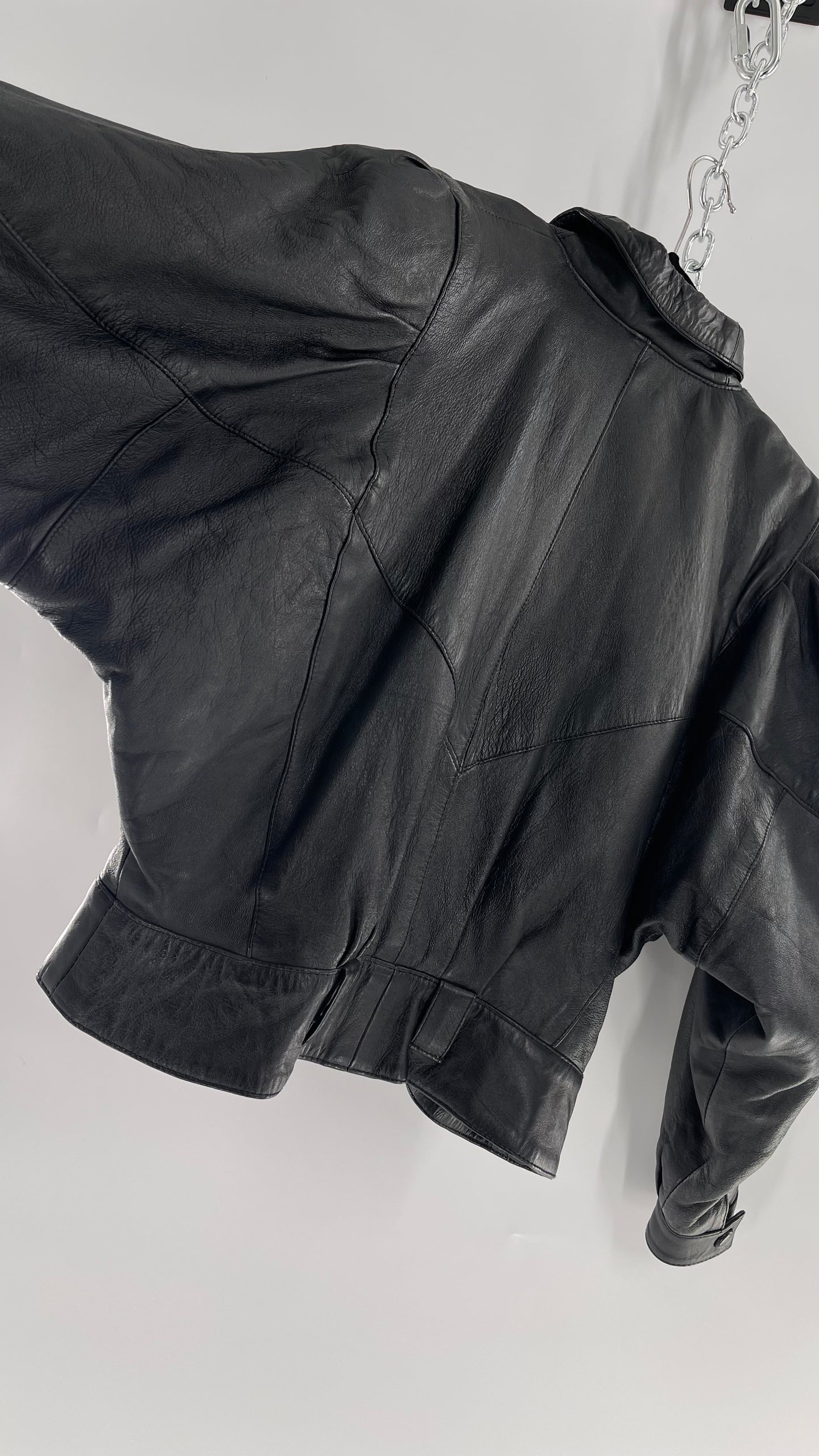 Vintage Black Leather Cropped Motorcycle Jacket (Medium)