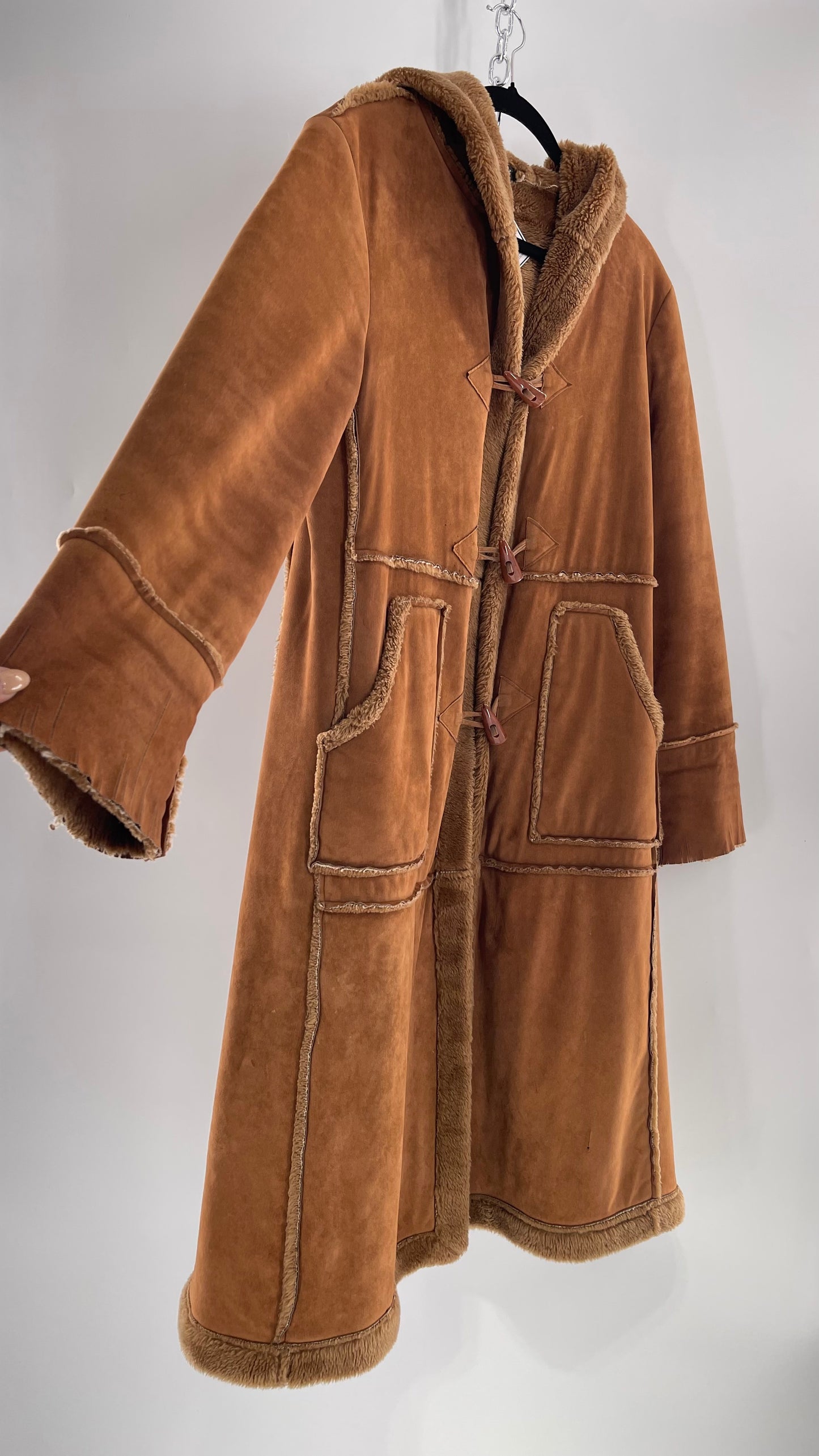 Vintage Faux Suede Long Hooded Coat with Fur Trim/Piping (C)(Medium)