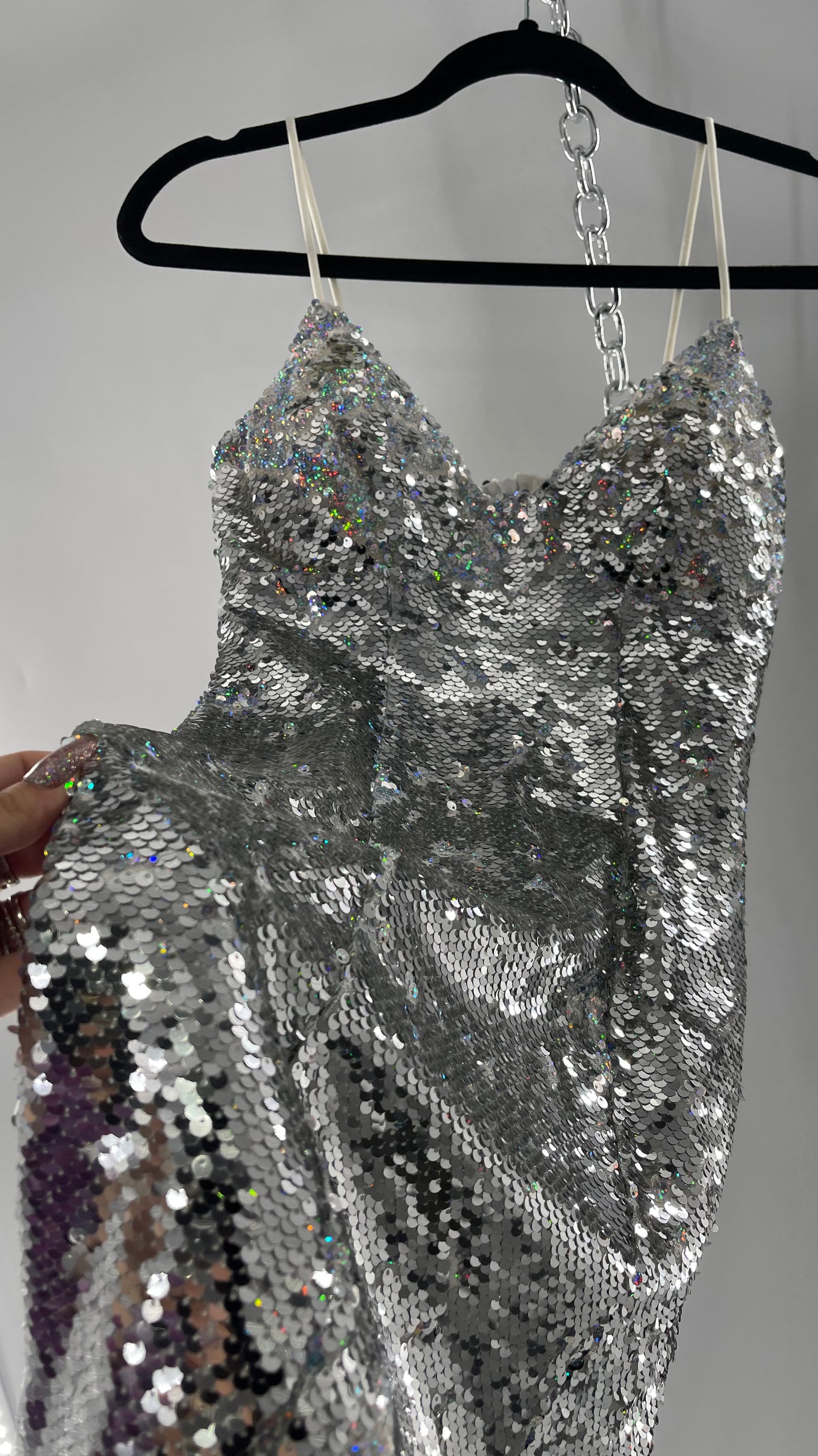 Princess Polly Silver Iridescent Sequin Mini Dress with Triangle Cups and Thigh Slit (0)