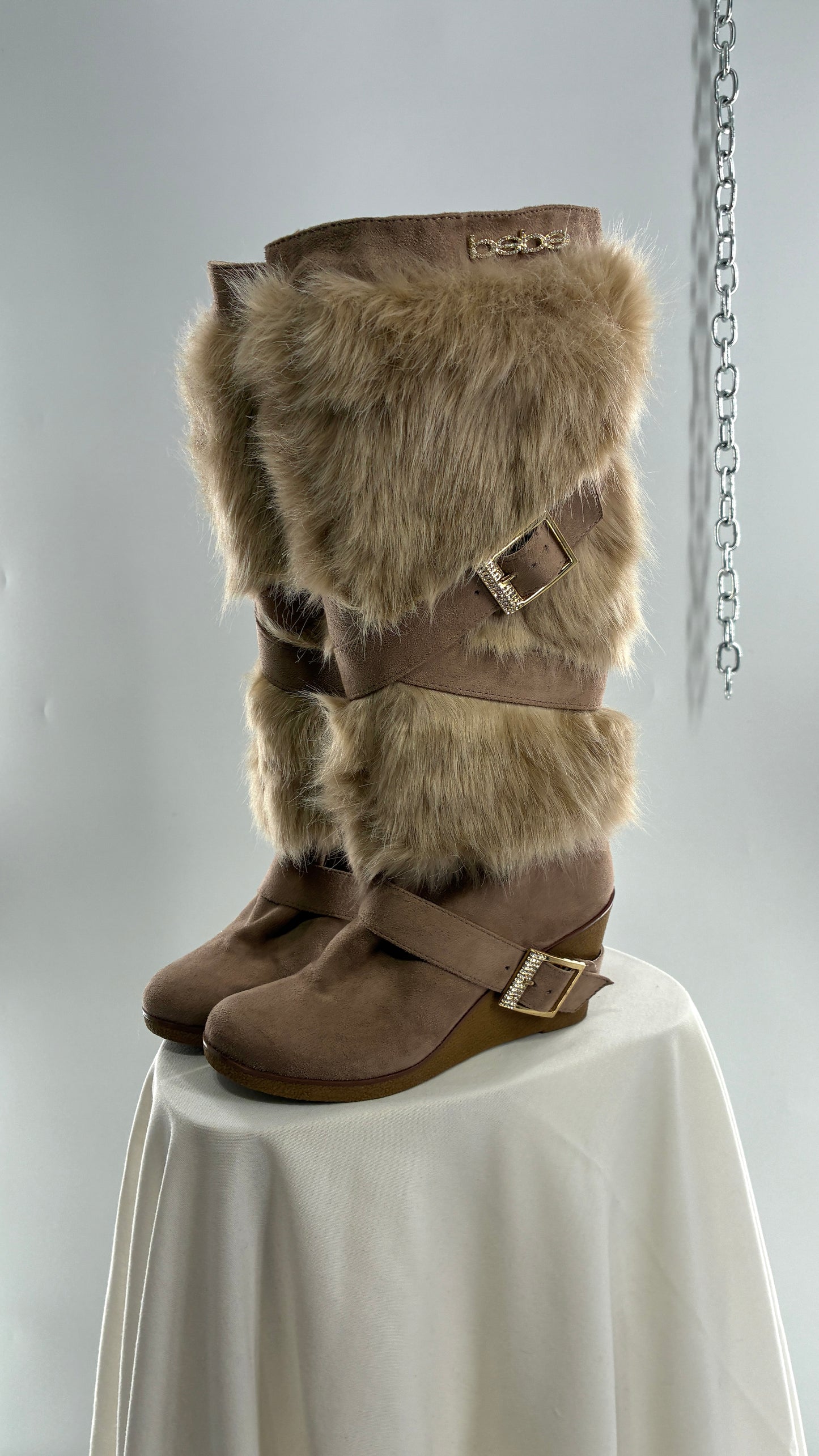 Vintage BEBE Wedge Heel Knee High Vegan Fur, Strappy Boots (6)