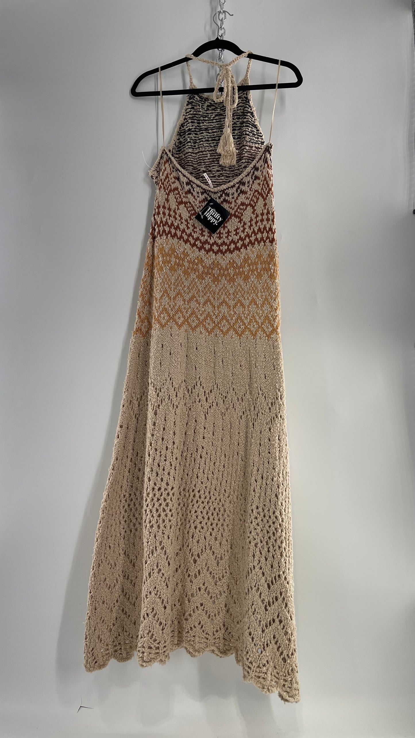 Free People Beige Ikat Oasis Knit Halter Maxi Dress (Small)