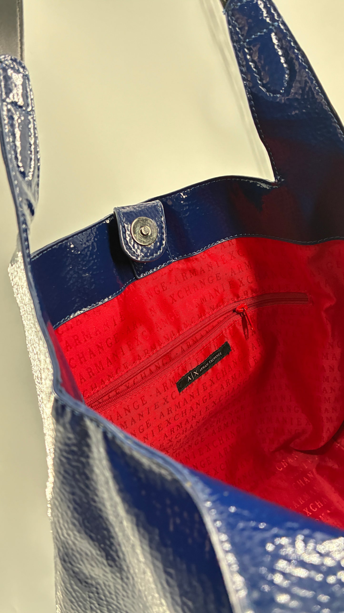 Vintage ARMANI EXCHANGE Navy Blue Patent Tote Bag with Contrasting Red Zipper