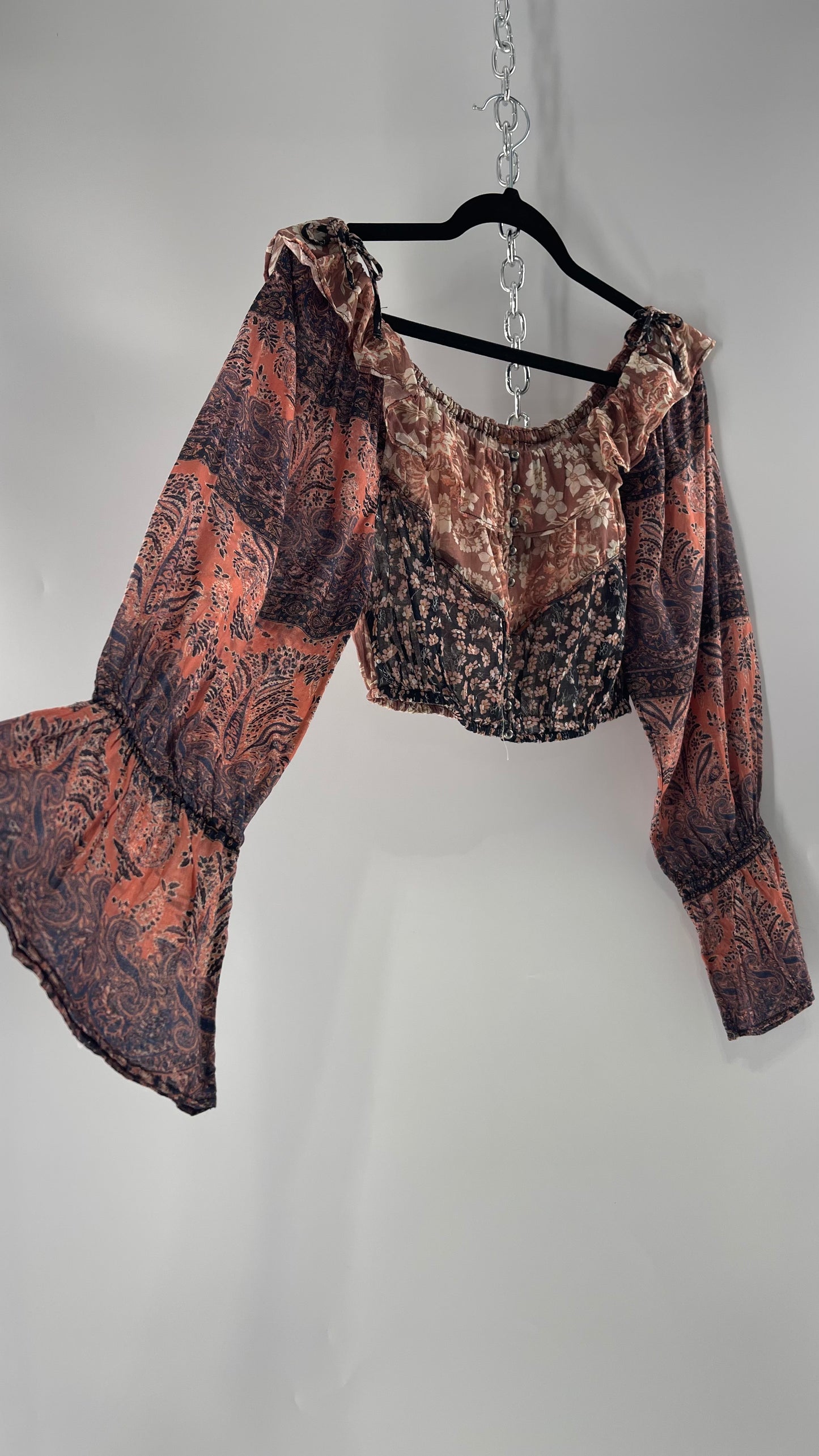 Free People Cotton Pink Blue Mixed Paisley Patterned Cropped Blouse with Bell Sleeves, Button Front and Ruffled Neckline with Bow Tie Detail (XS)