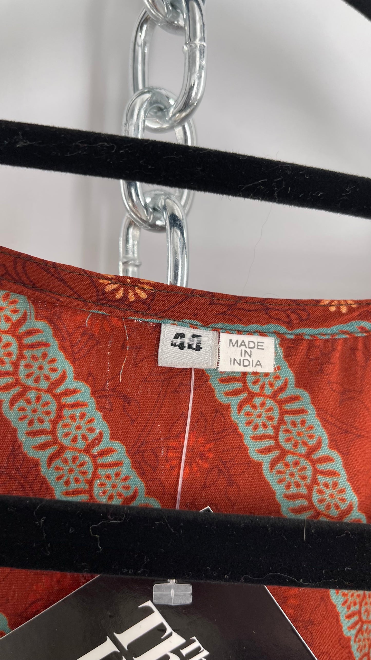 Vintage 1970s Indian 100% Silk Tunic Burnt Orange, Teal and Gold (40)