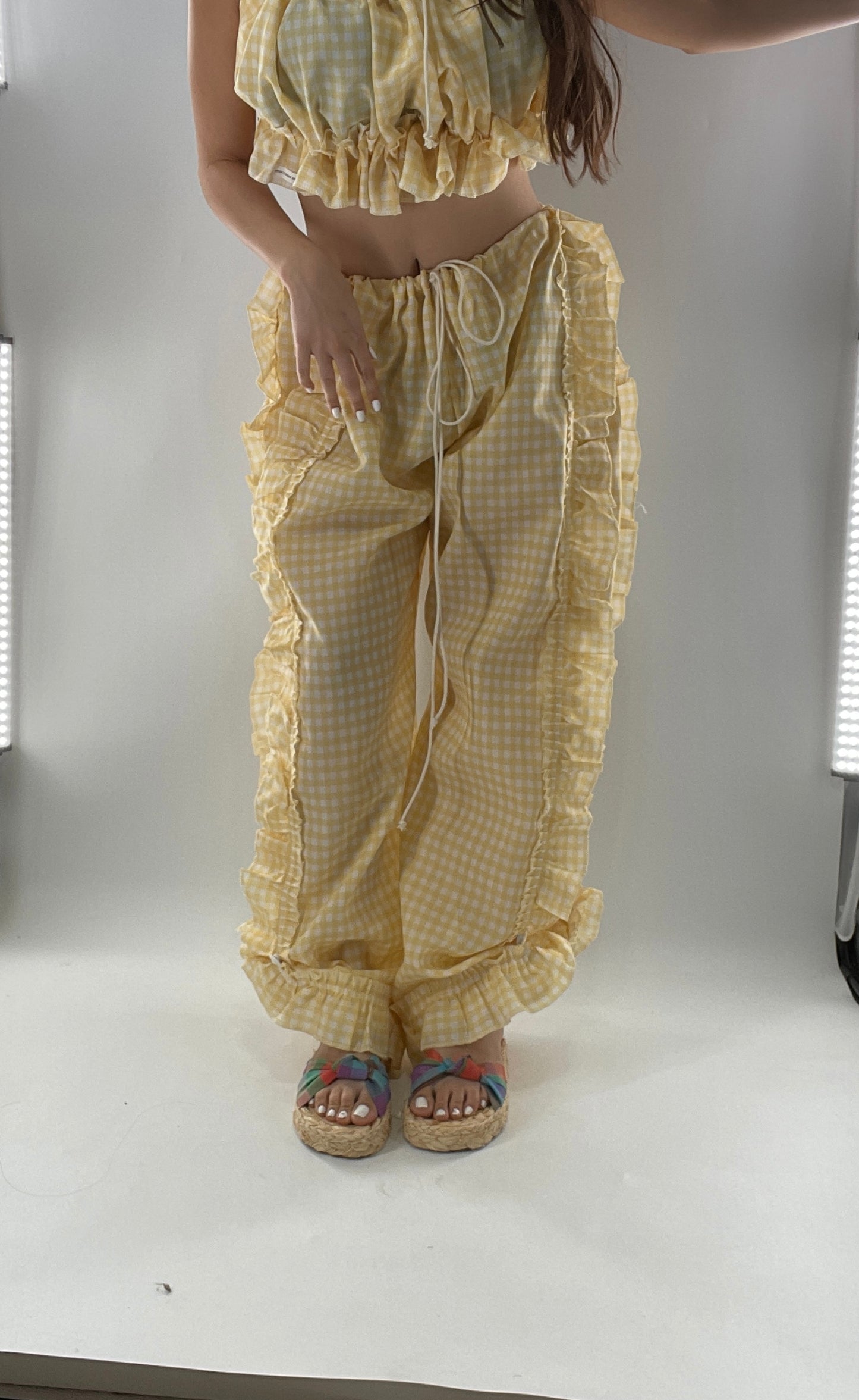 Vintage 2 Piece Yellow Checkered/Gingham Patterned Picnic Set with Ruched Bust Top and Ruffle Side Wide Legs with Adjustable Length, Strap Up Buttons on Hem (One Size)