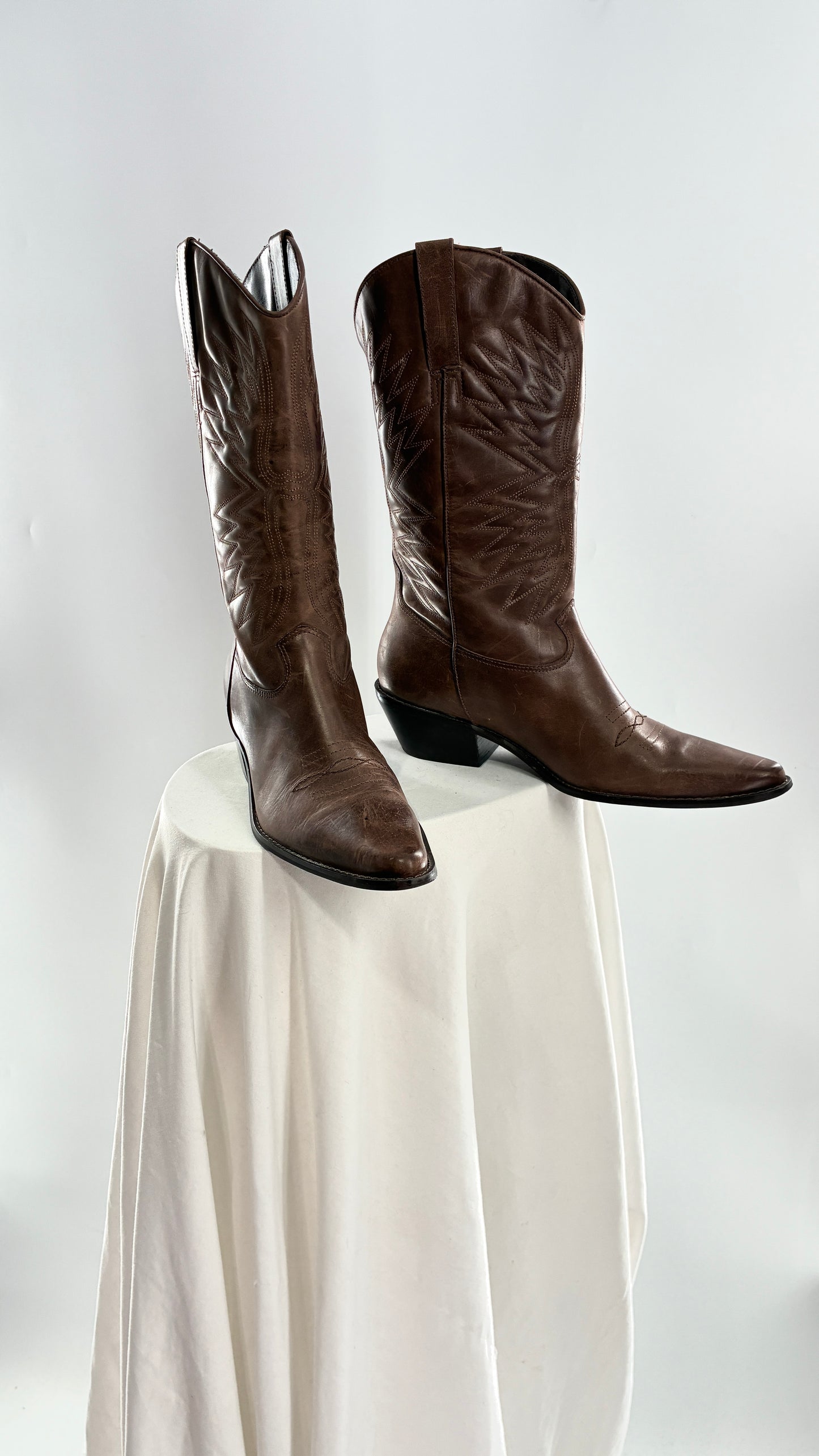 Vintage Genuine Leather Brown Cowboy Boots Made in Brazil (9.5)