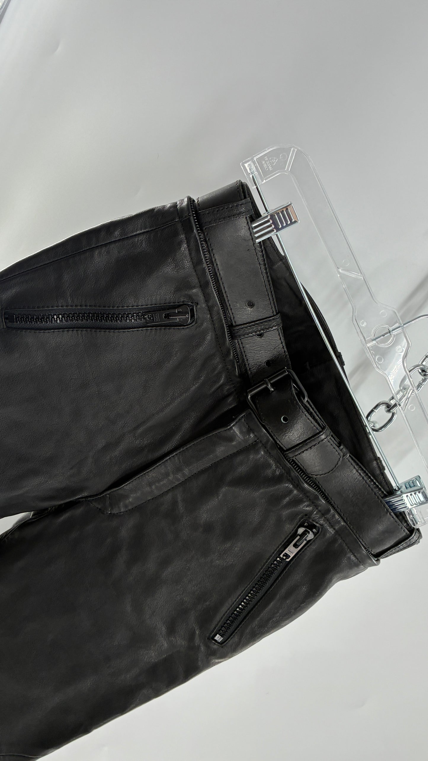 Vintage Black Italian Leather Motorcycyle Pants with Built In Belt and Zipper Detailing (XS)