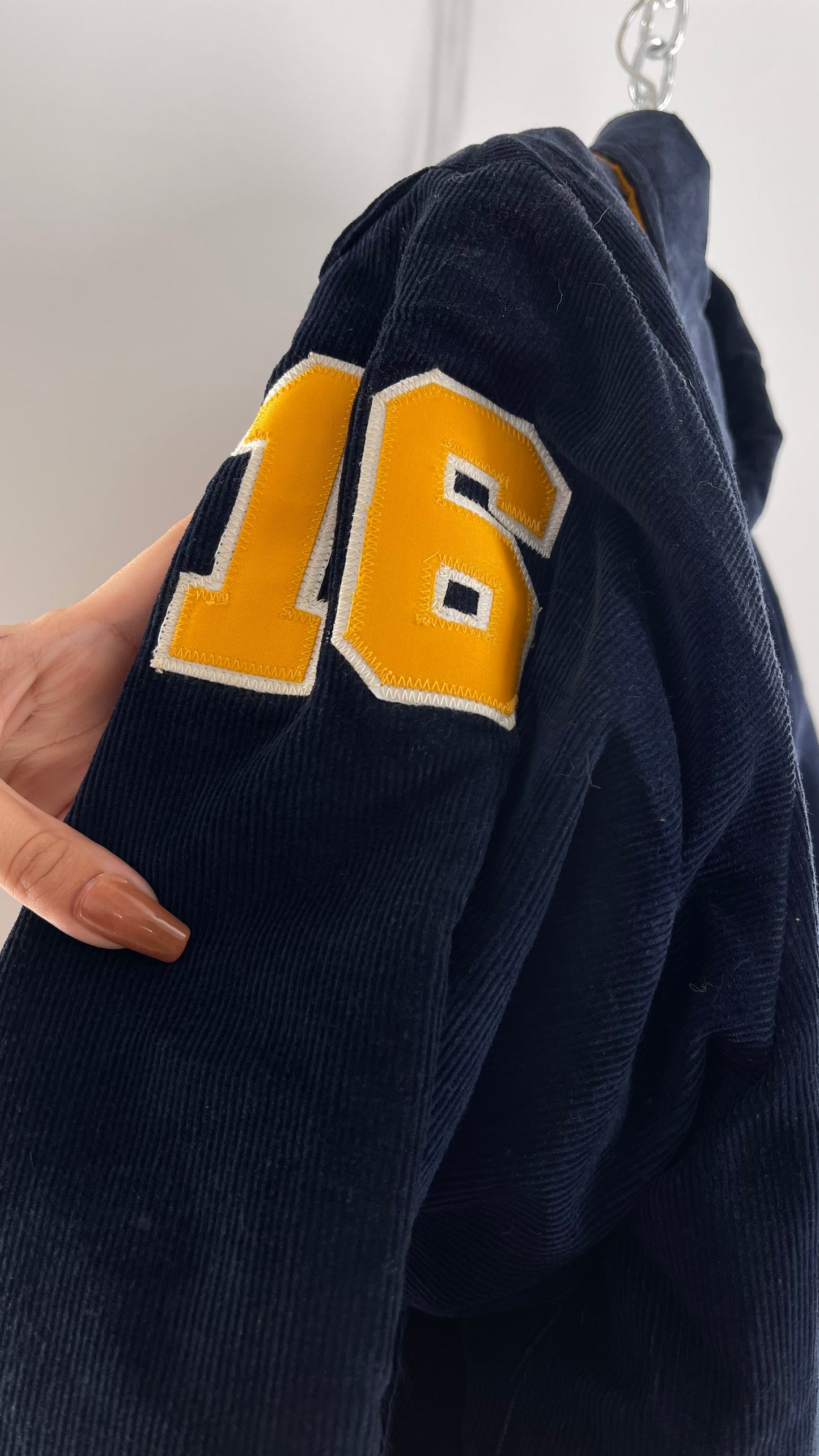 Birdie Vintage Phi Sigma Sigma Navy Blue Corduroy Varsity/Sorority Jacket with Contrast Yellow Patches and Embroidered “Paula” Monogram (Large)