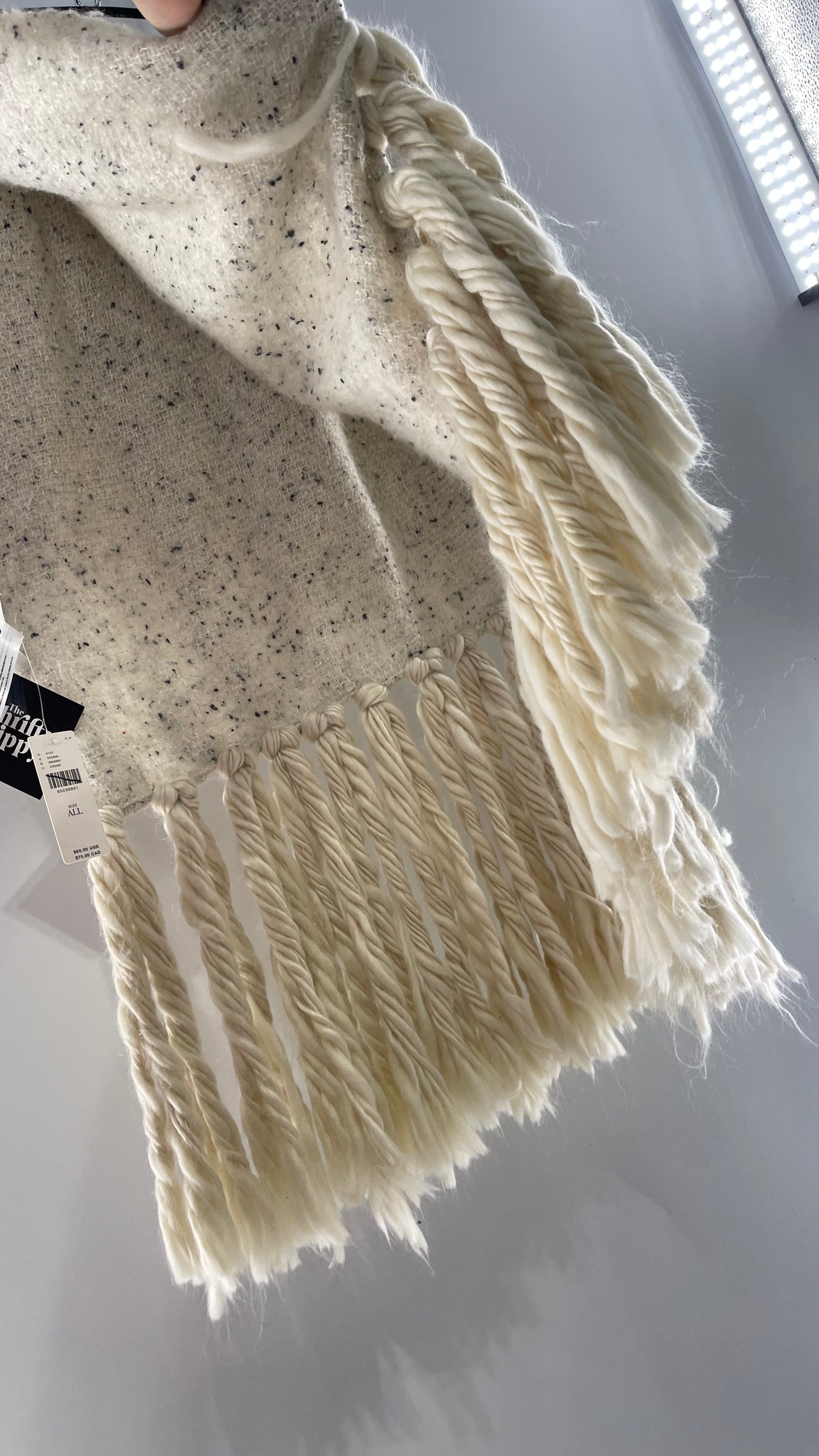 Anthropologie White/Off White Heavy Knit Cold Weather Scarf with Braided Fringe with Tags Attached (One Size)
