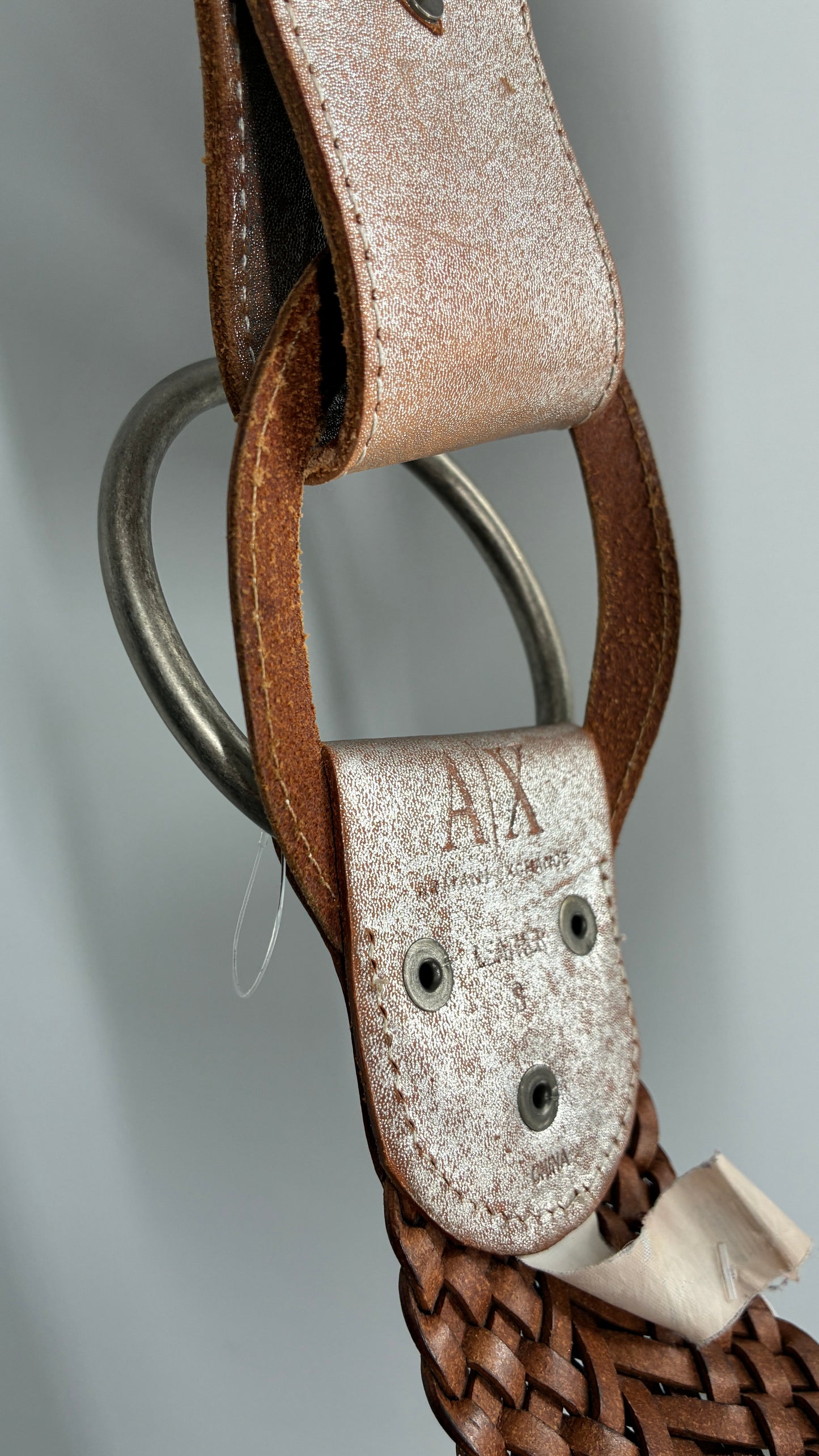 Vintage ARMANI Metallic Silver Thick Braided Leather Belt with Oversized Metal Loop Buckle (Small)