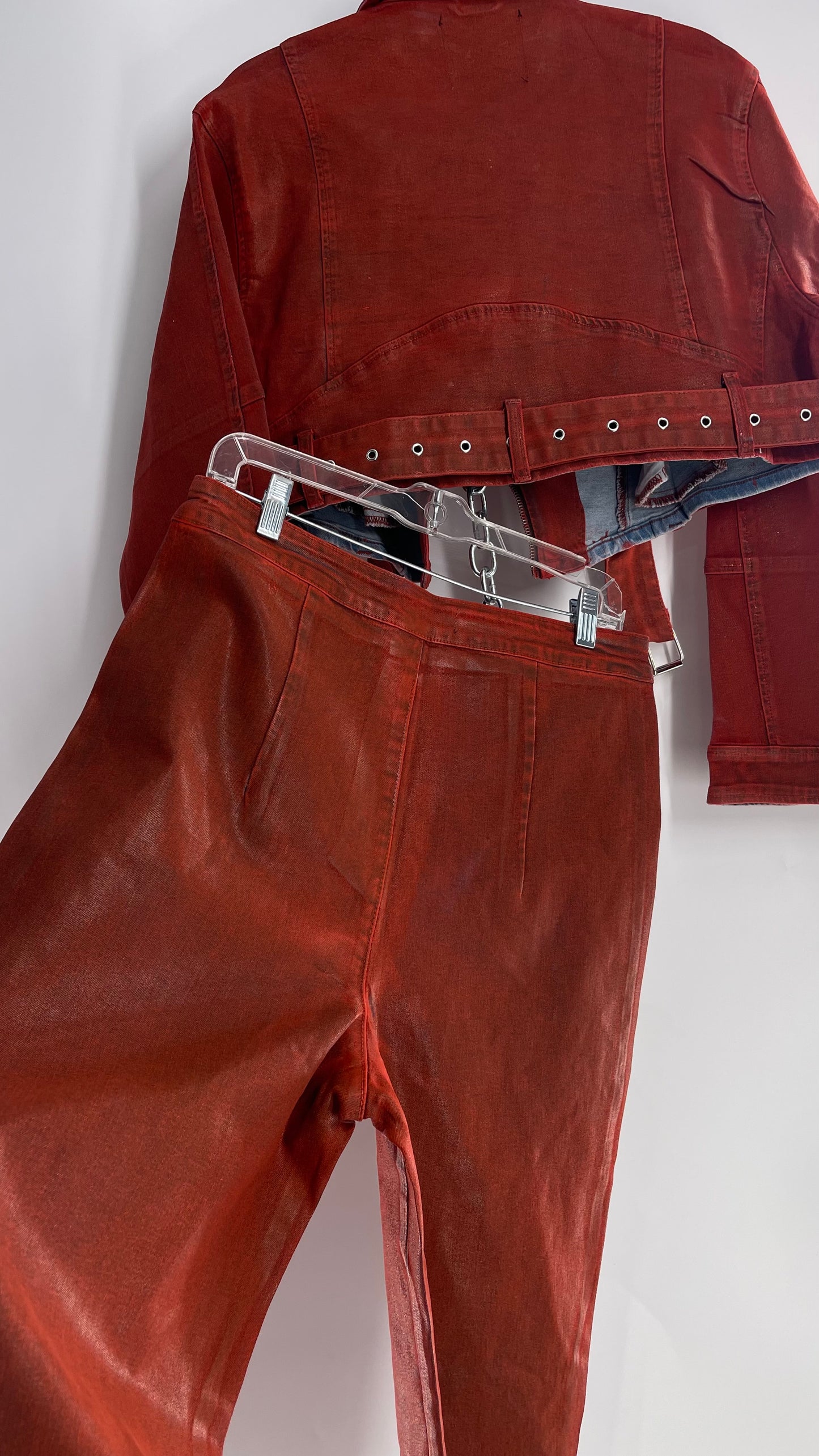 Fashion Nova Red Waxed Denim Cropped Motorcycle Jacket with Flared Jean Set and Tags Attached (XL/15)