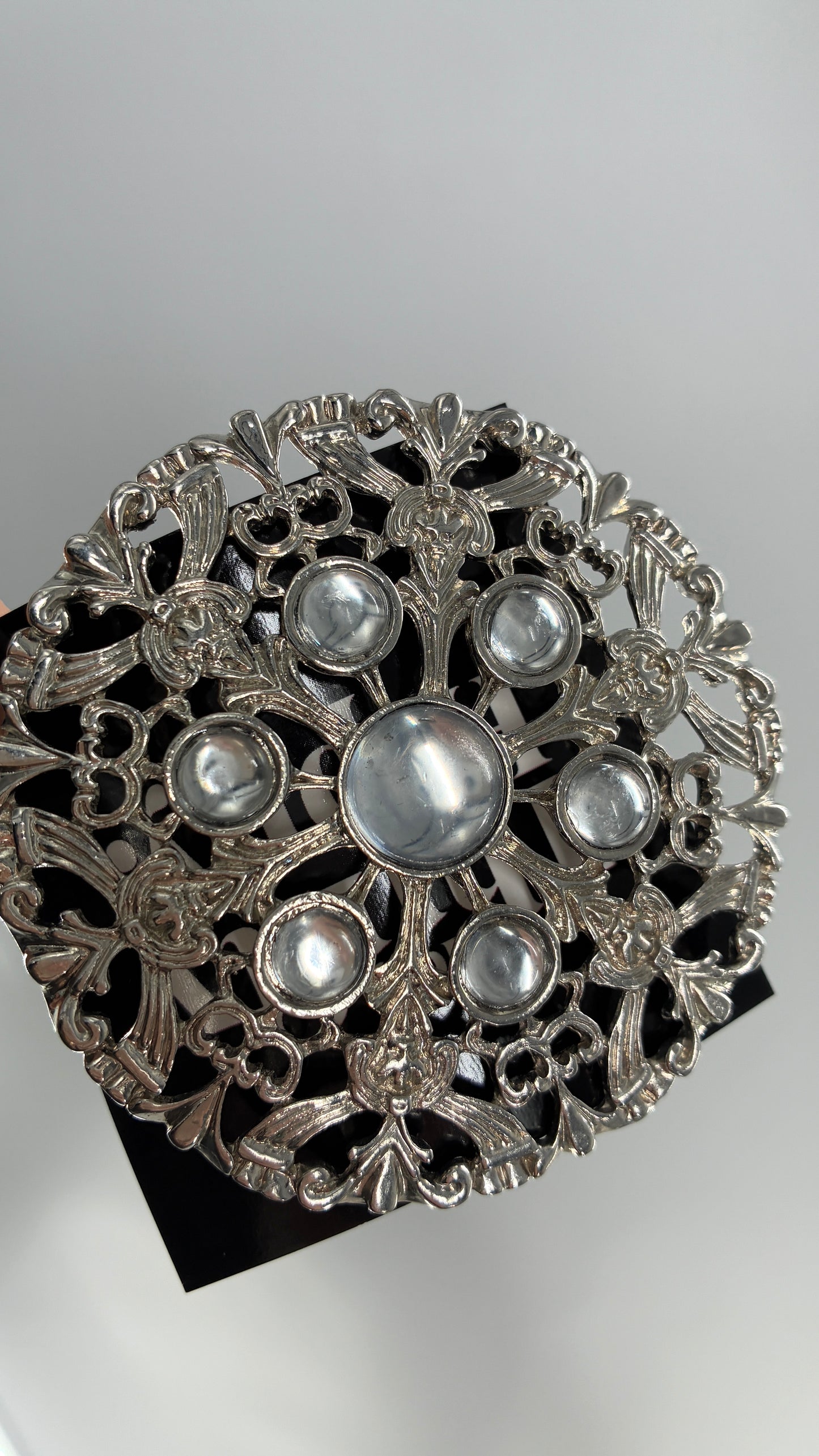 Vintage Oversized Heavy Metal Silver Brooch Pin with Transparent Gemstones
