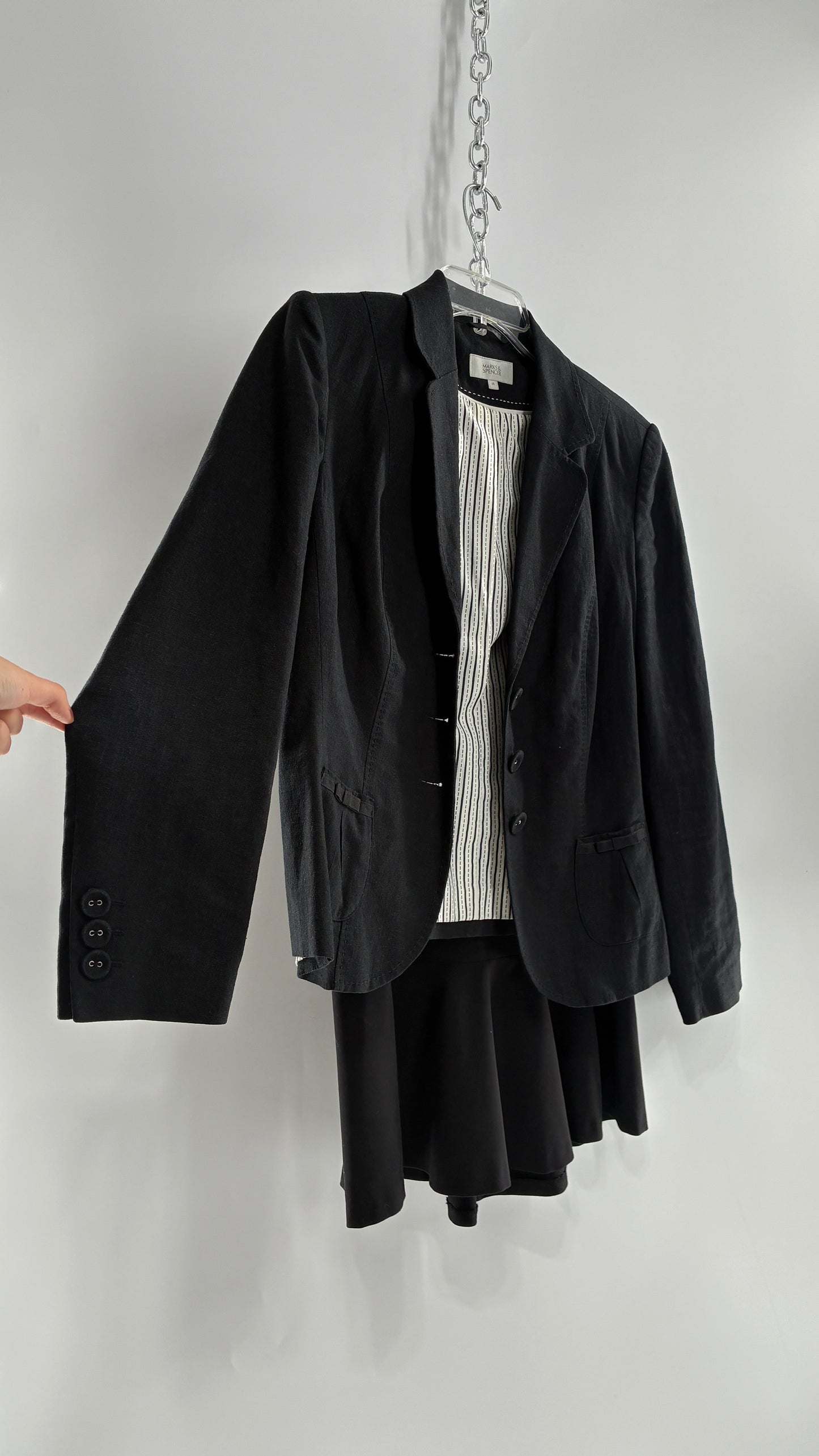 Vintage MARKS & SPENCER Suit Set with Black Linen Blend Blazer and Upcycled Mini Skirt with Corset Backing (14/M)
