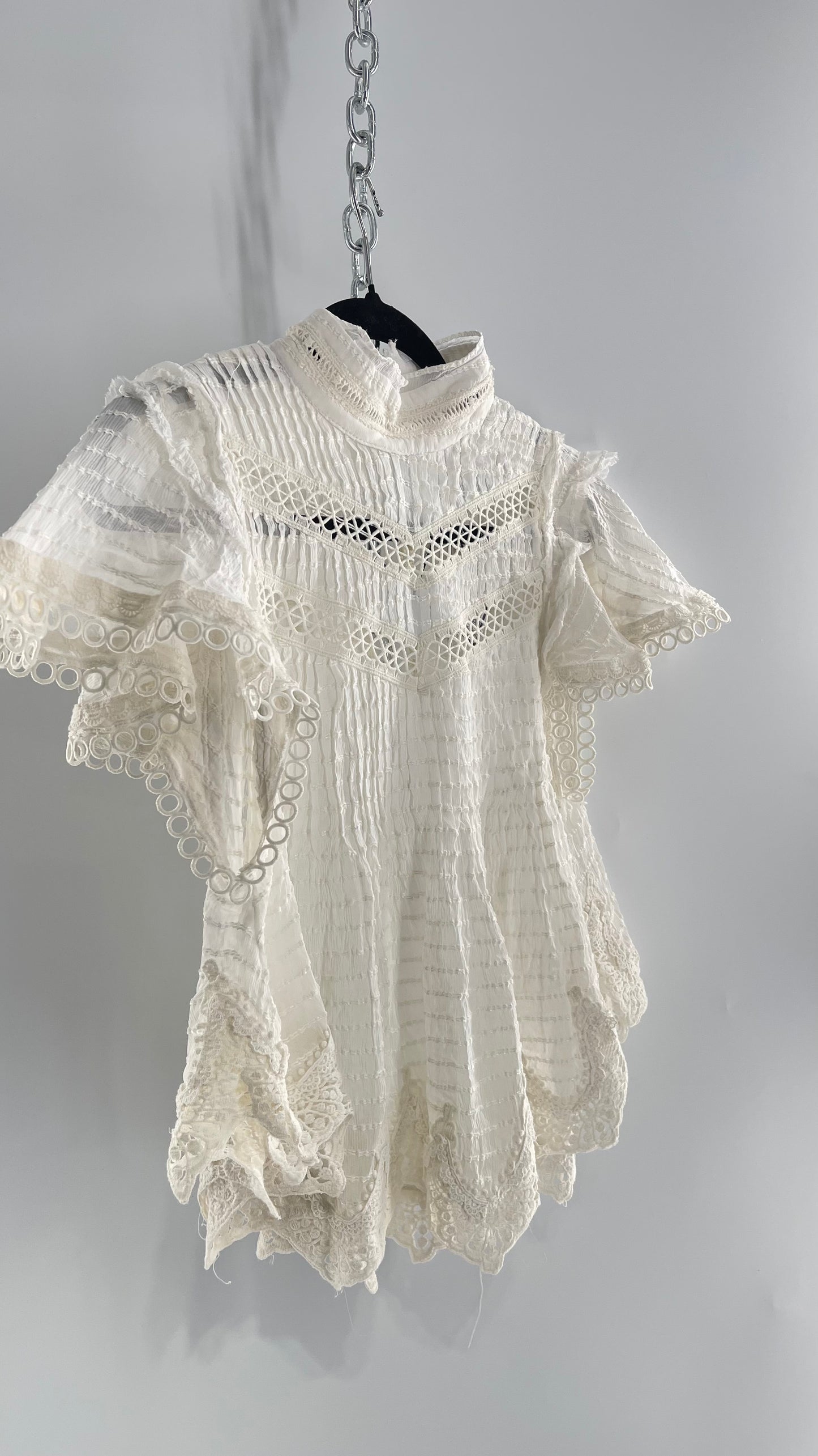 Kimchi Blue White 68% Viscose 32% Cotton Romantic Blouse with High Neck, Textured Body, and Scalloped Lace Hem and Sleeves (Small)