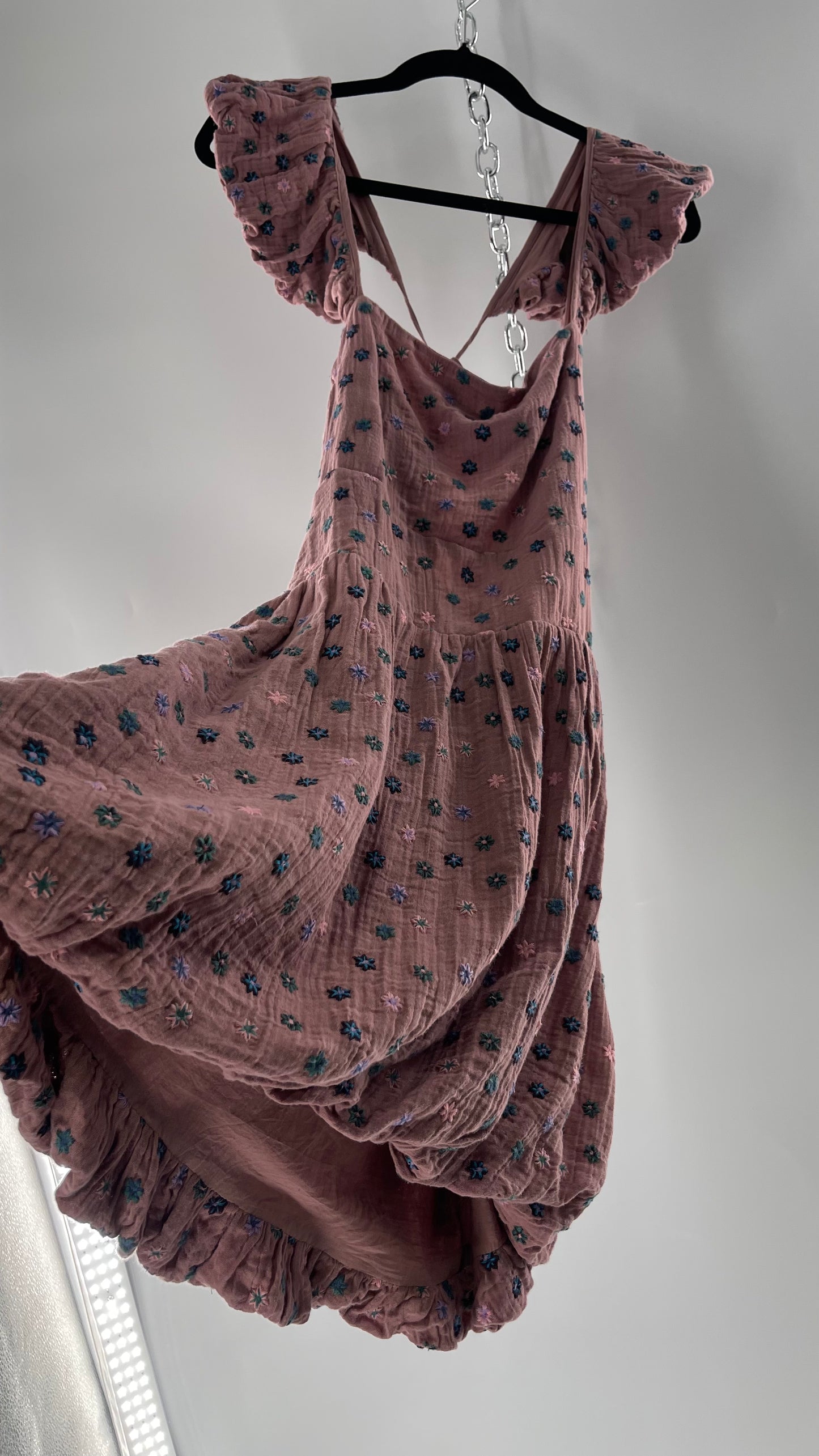 Free People Dusty Pink Embroidered Flowers Backless Mini Dress (Small)