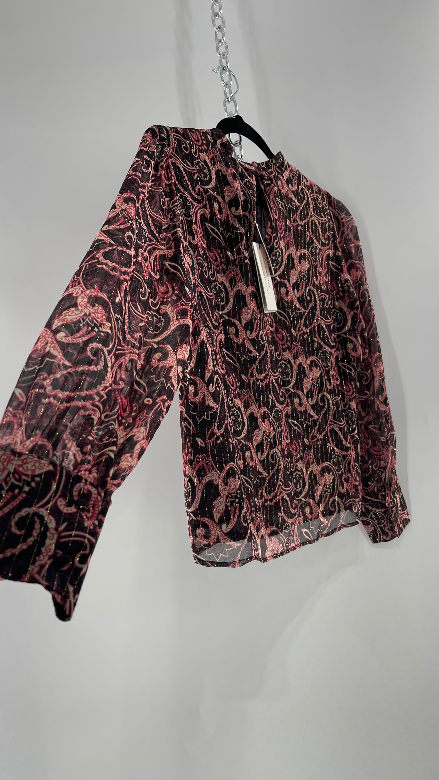 Kachel 95% Silk Black Paisley Blouse with Gold Tinsel Bessie Anthropologie (6)
