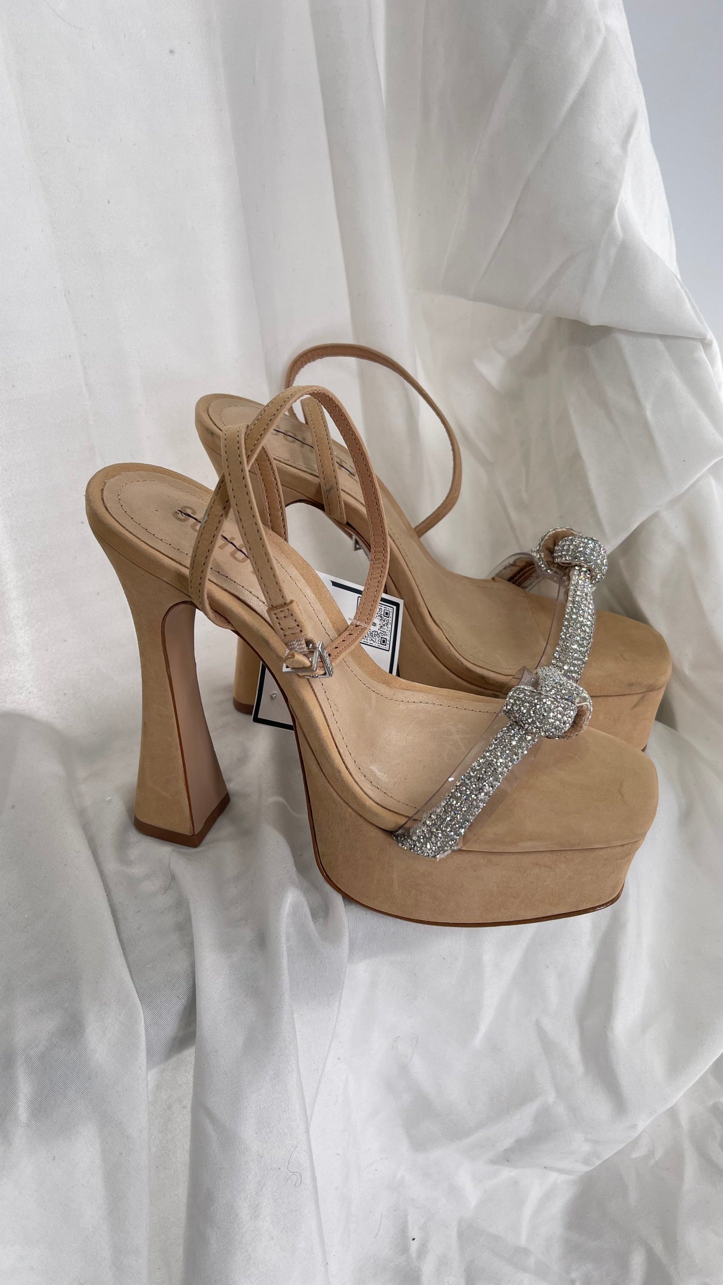SCHÜTZ Peaky Beige/Tan/Nude Platform Heel with Funky Heel and Clear Knot Rhinestone Toe Strap (6)