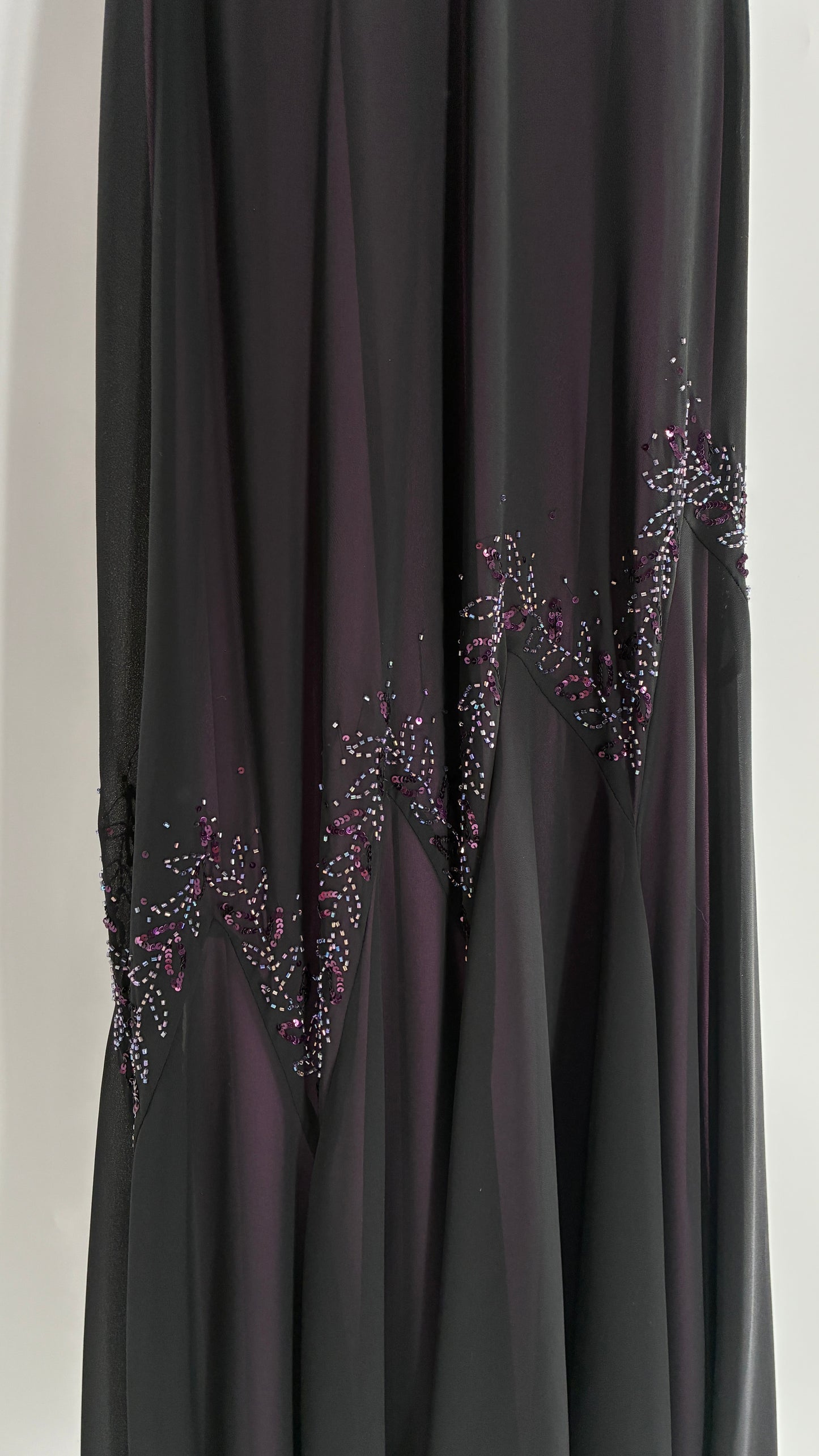 Vintage XSCAPE Full Length Black Beaded Gown with Purple Underlay (4)