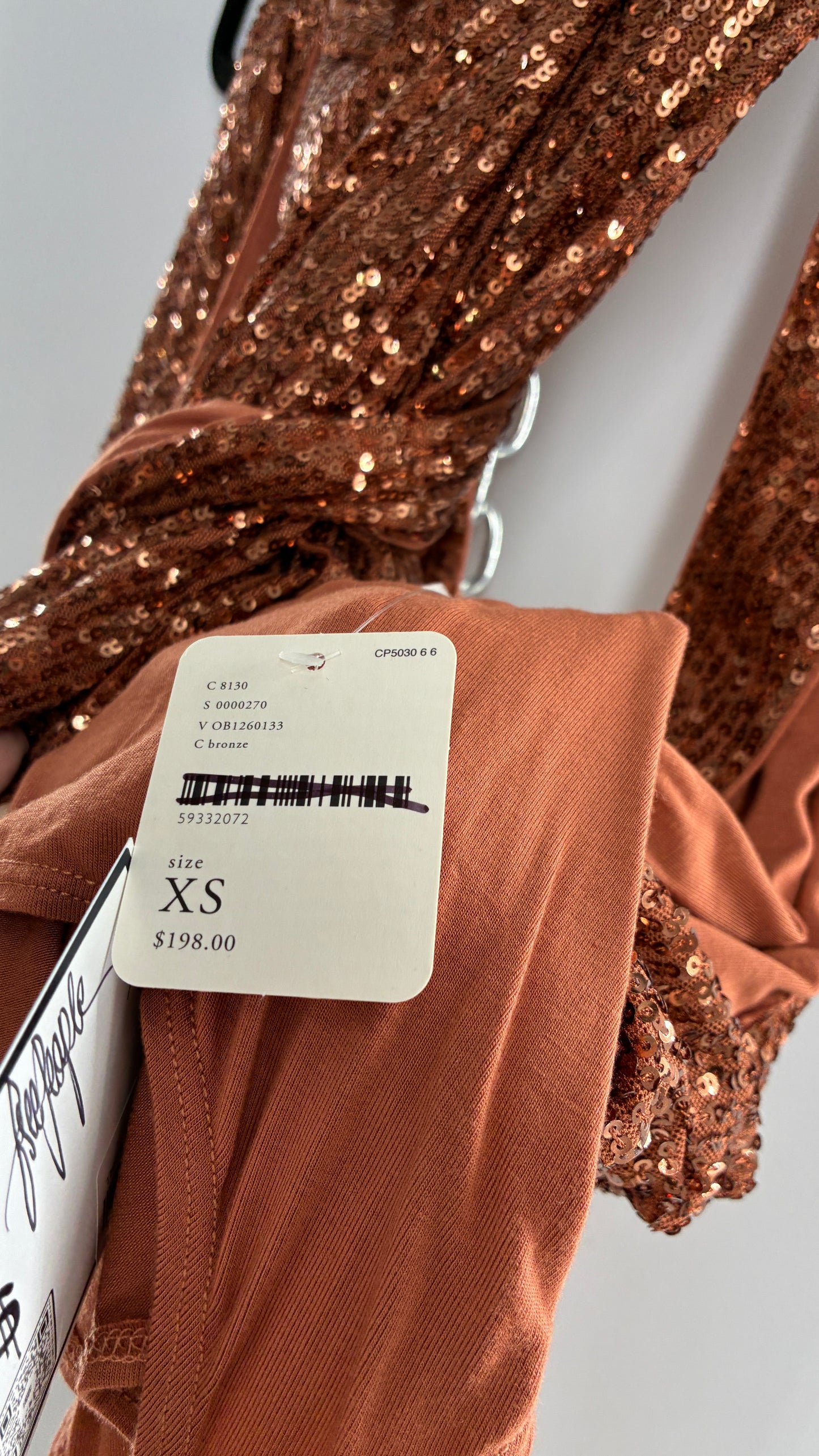 Free People Bronze Sequin 2Piece Set with Wrap Around Skirt and Bodysuit (XS body, S Skirt)