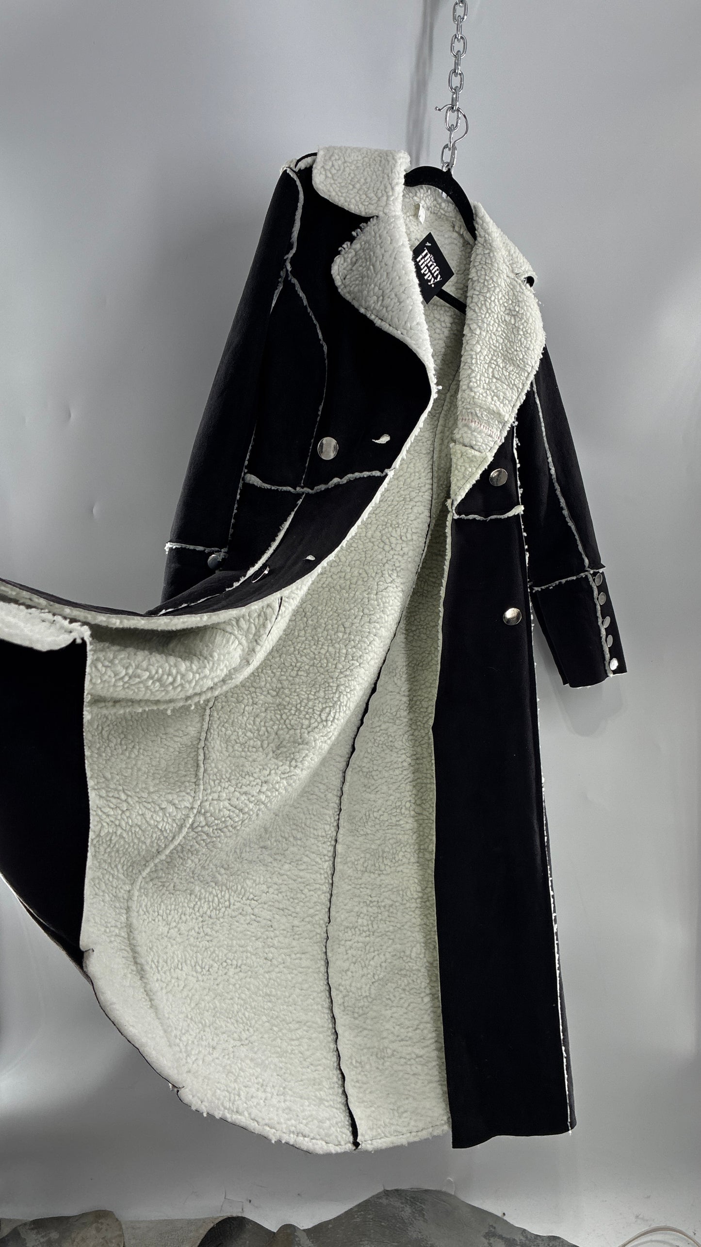 Vintage Black Vegan Suede Coat with Sherpa Lining (Medium)