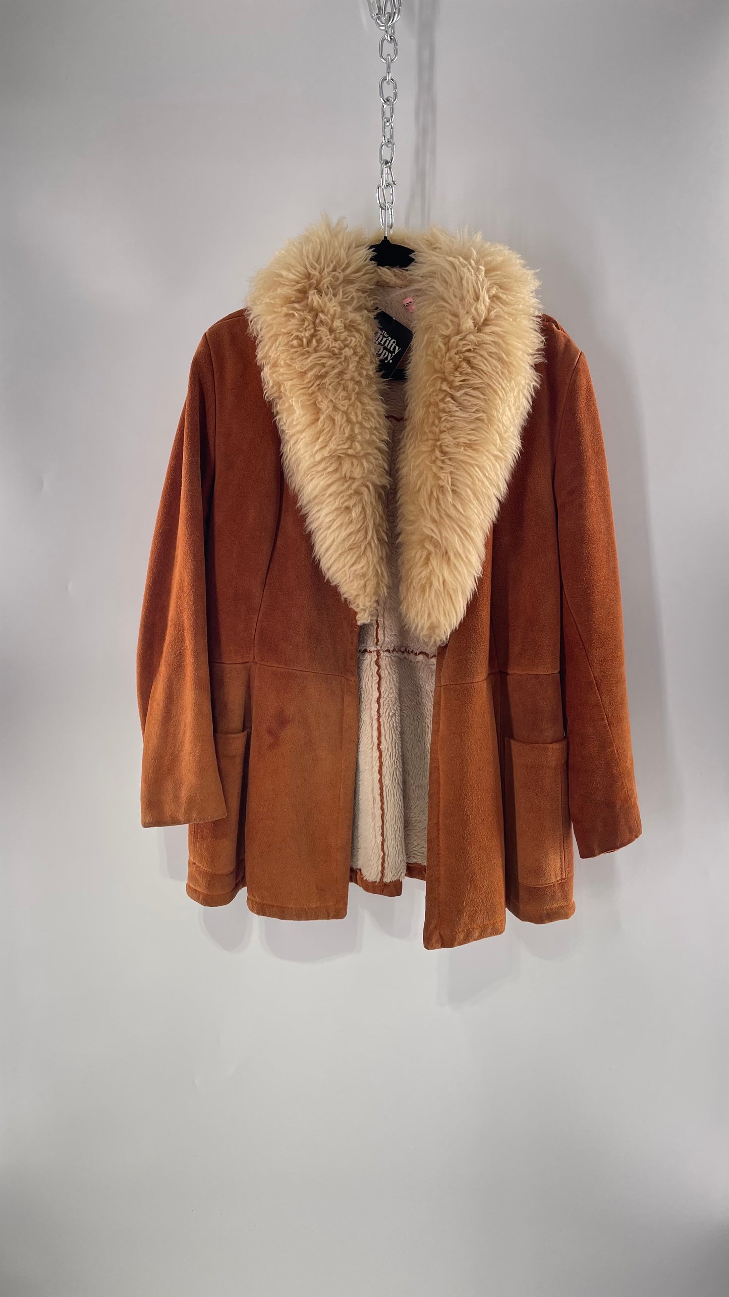 1970s Vintage Burnt Orange Suede Thick Heavy Sherpa Lined Jacket with Genuine Fur Collar (C)(Medium)