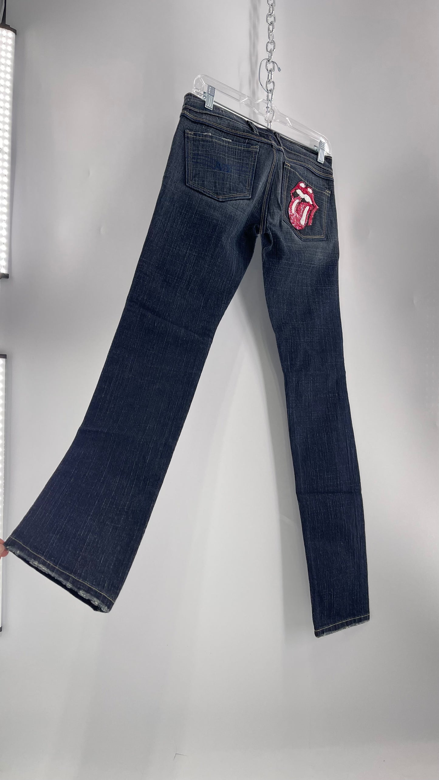 Vintage Smart AS JEANS Dark Wash with Grain and Embroidered/Embellished Kiss Rock Logo (28)