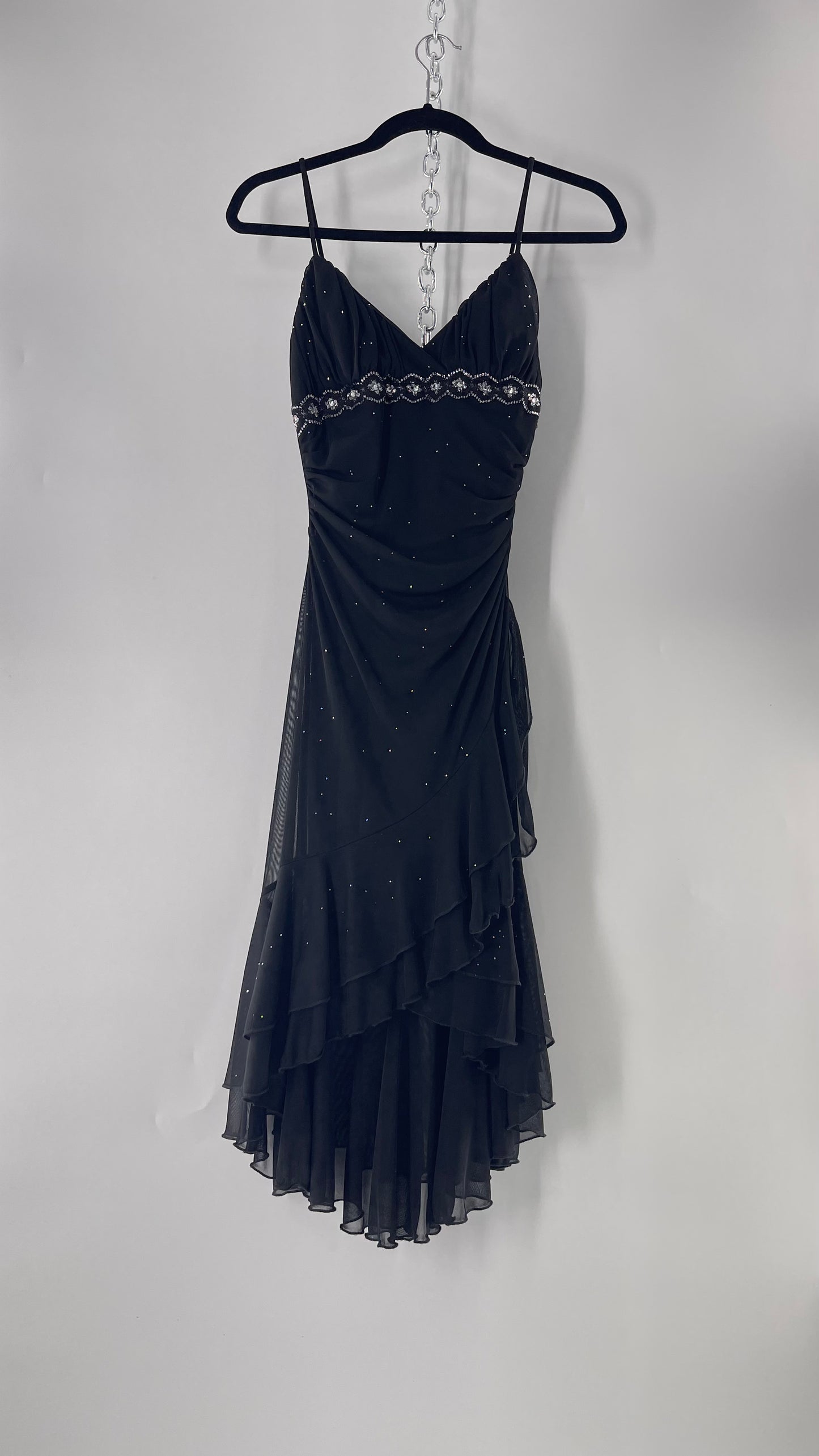 Vintage Taboo Midi Dress with Iridescent Sequins with Lace Underbust Detail, High Low Silhouette and Frills (Medium)