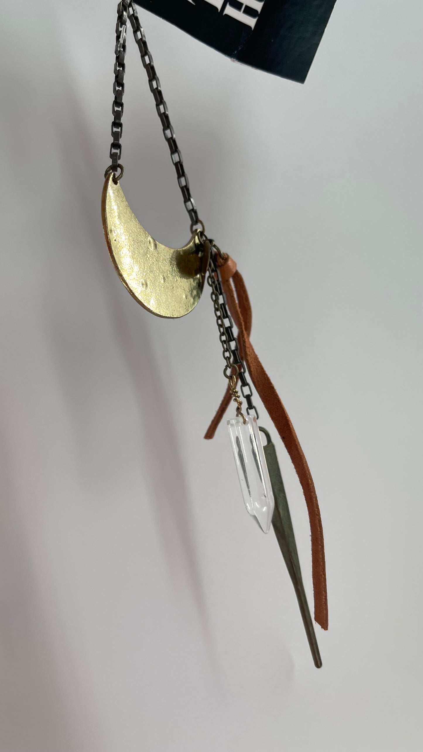Free People Keychain with Bronze Half Moon, Crystal, and Vegan Leather Detail