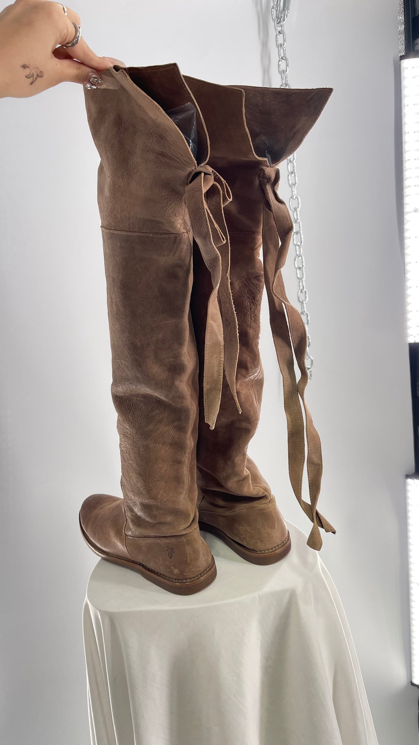 Frye Taupe Leather Over the Knee Fold Over Celia Boots (8)