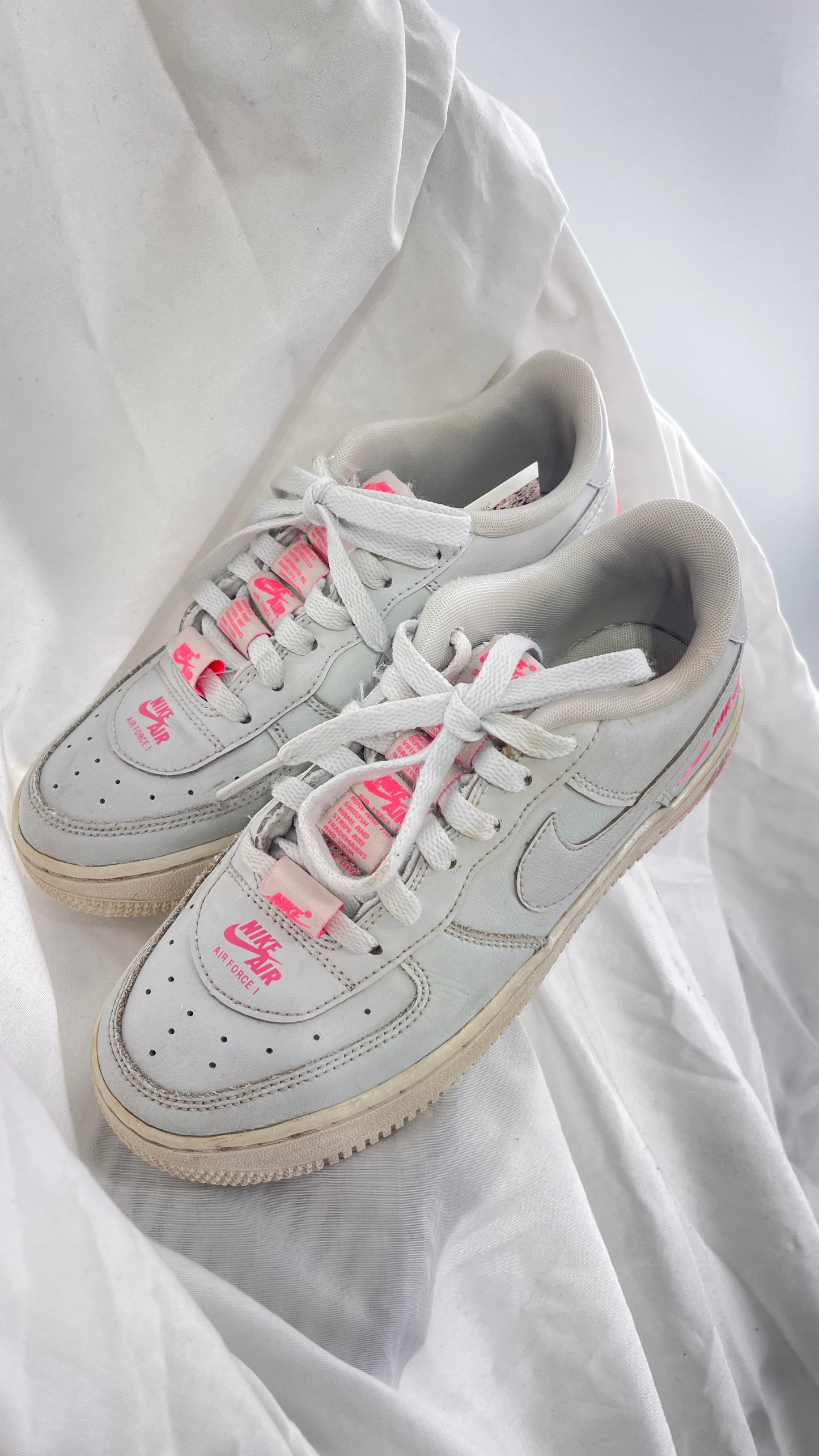 Custom Nikes Worn White with Tags on Laces and Neon Pink Details (4Y)