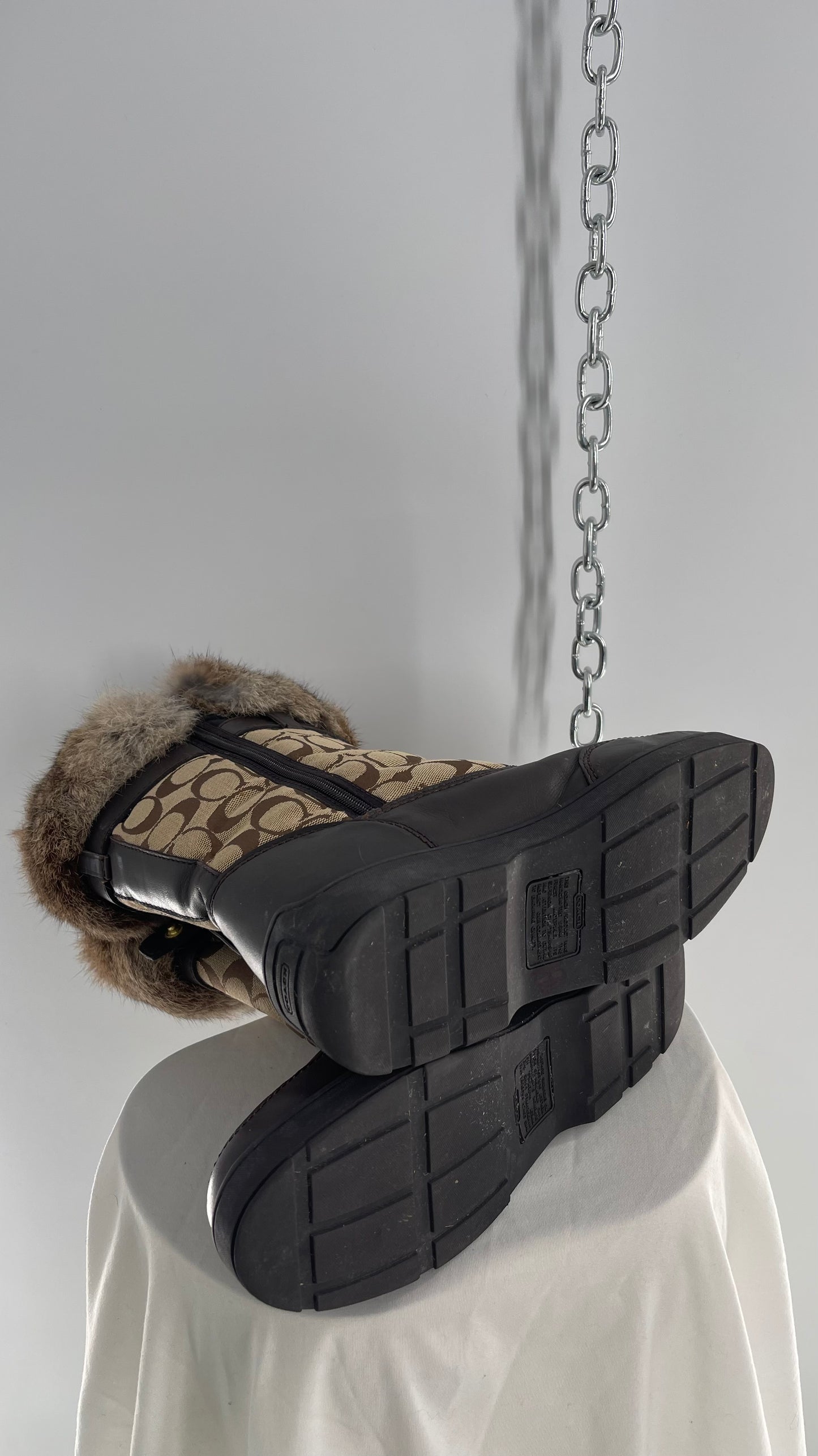 Coach Vintage Kimberly Brown Leather Quilted Monogram Rabbit Fur Trim Boot with Ankle Pouches (8.5)