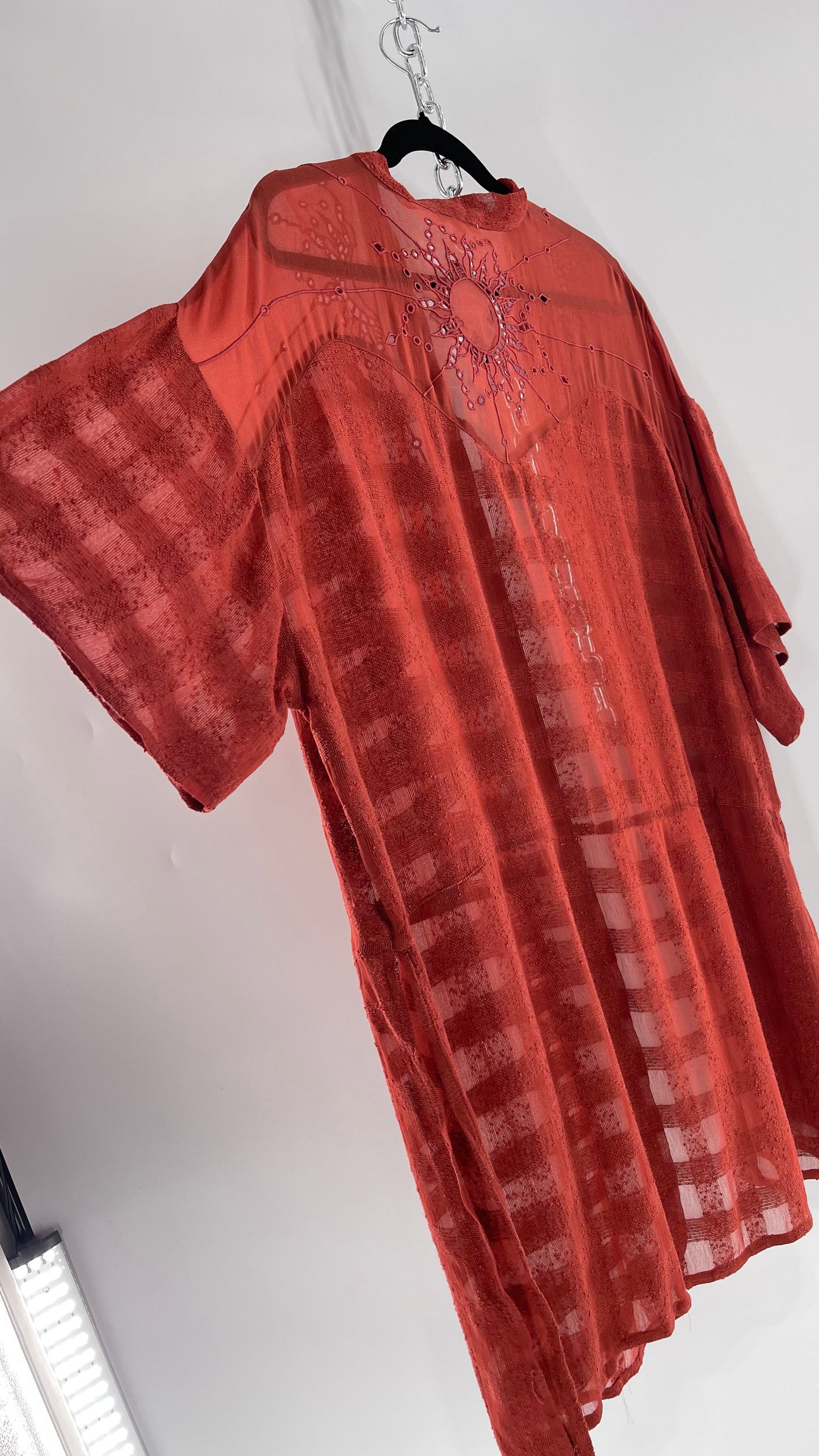 NFO Anthropologie Burnt Orange Cape With Embroidered Solstice Sun and Crescent Moon Designs (One Size)