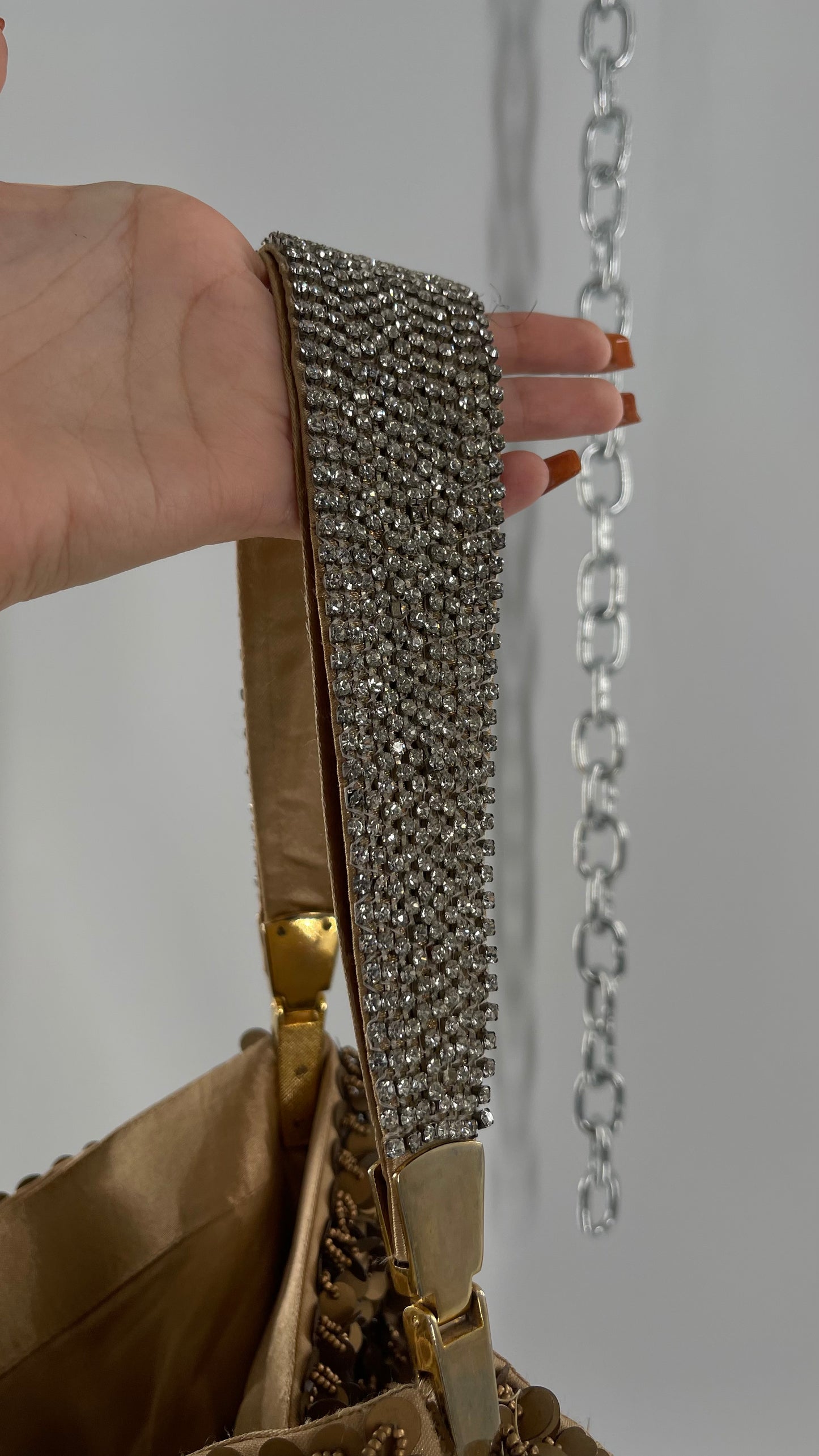 Deadstock The Find Marvelous Bronze Beaded Sequin Tote Bag with Gemstone Strap