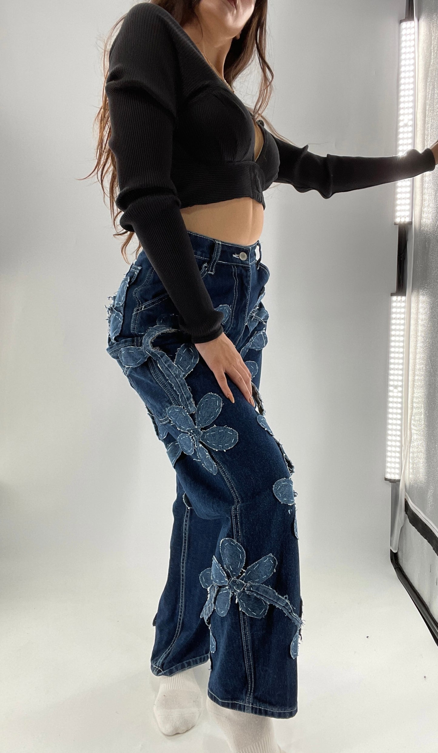 Handmade CUSTOM Dual Denim Tone Floral Vine Cargo Denims (S)