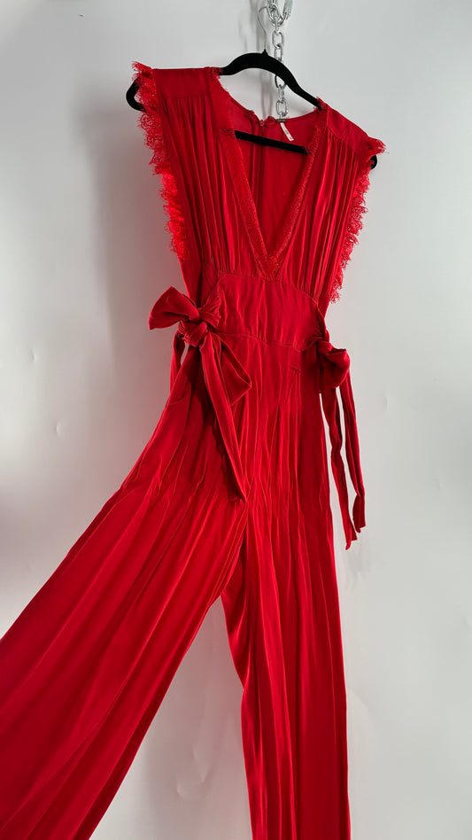 Free People Red Jumpsuit with Waist Ties and Scalloped Lace Details (2)