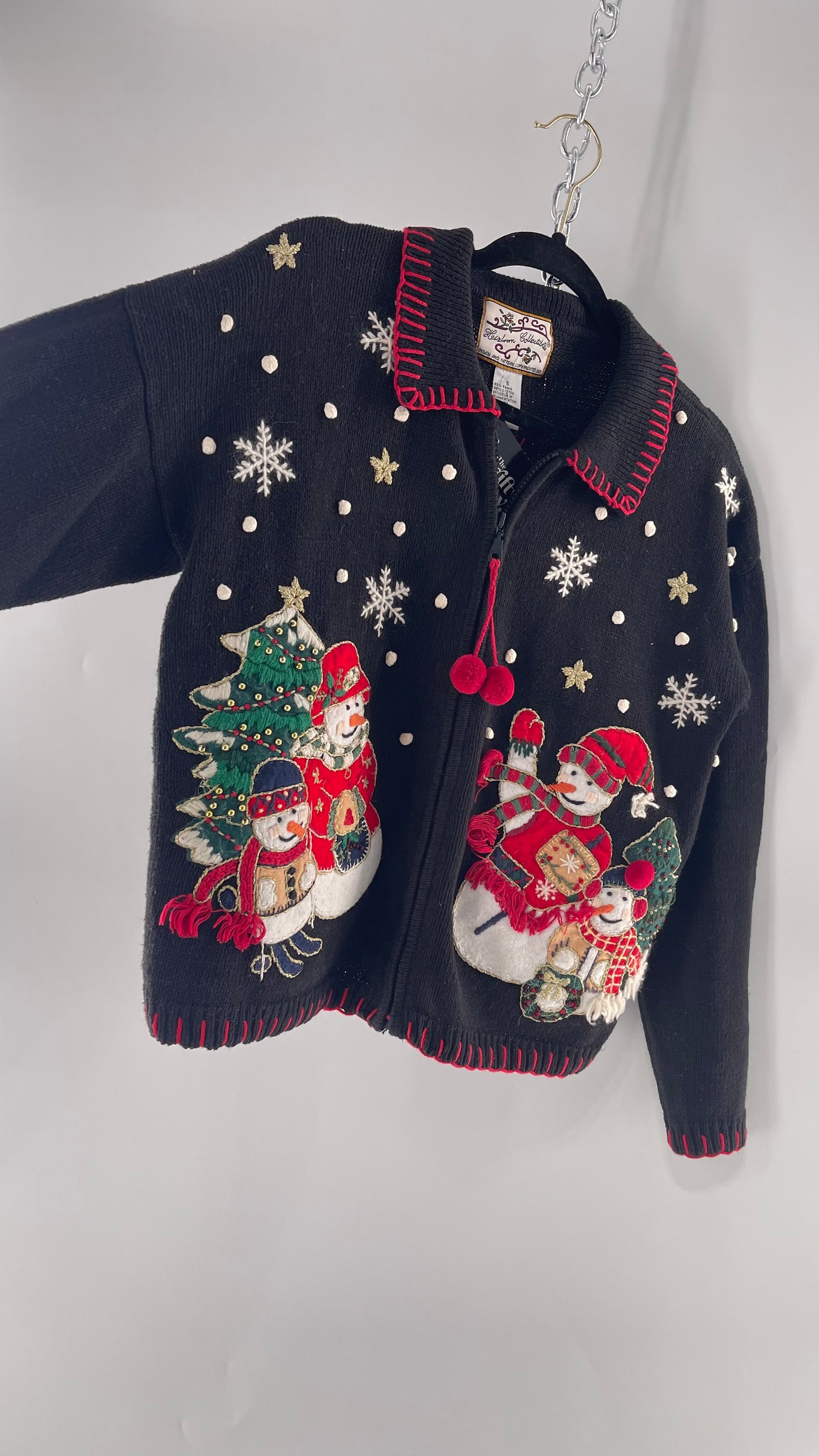Vintage Reworked Urban Outfitters Heirloom Christmas Cardigan with Festive Snowmen Embroidery, Snowflakes, Christmas Tree and PomPom Zipper Detail (S)