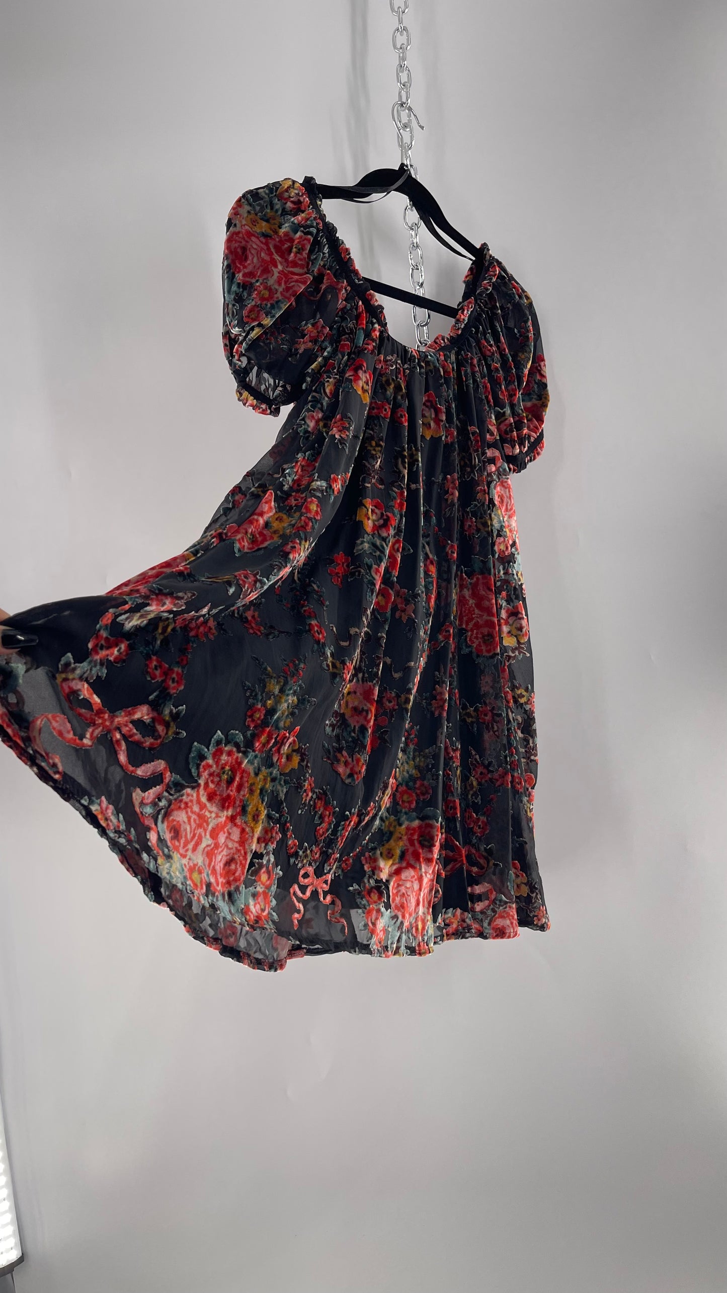 Free People Beautiful Blooms Velvet Florals Babydoll Dress (Small)
