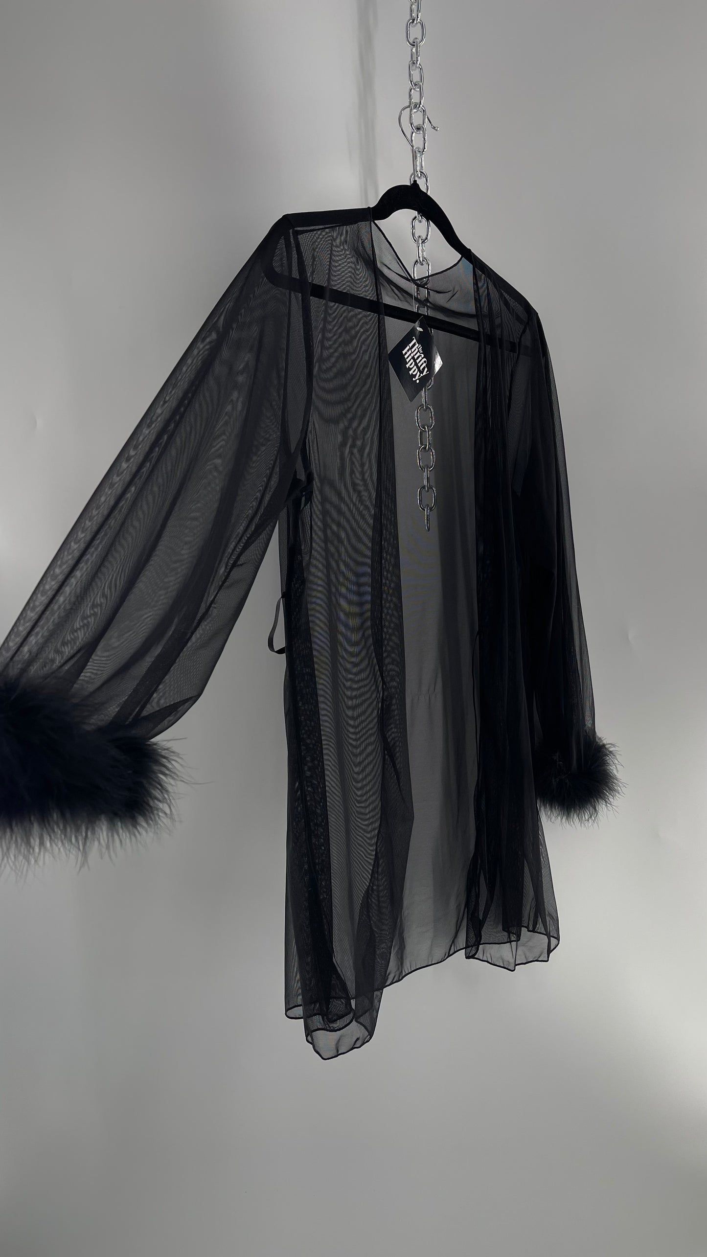 Black Mesh Long Sleeve Toss On with Feather Cuffs (Medium)