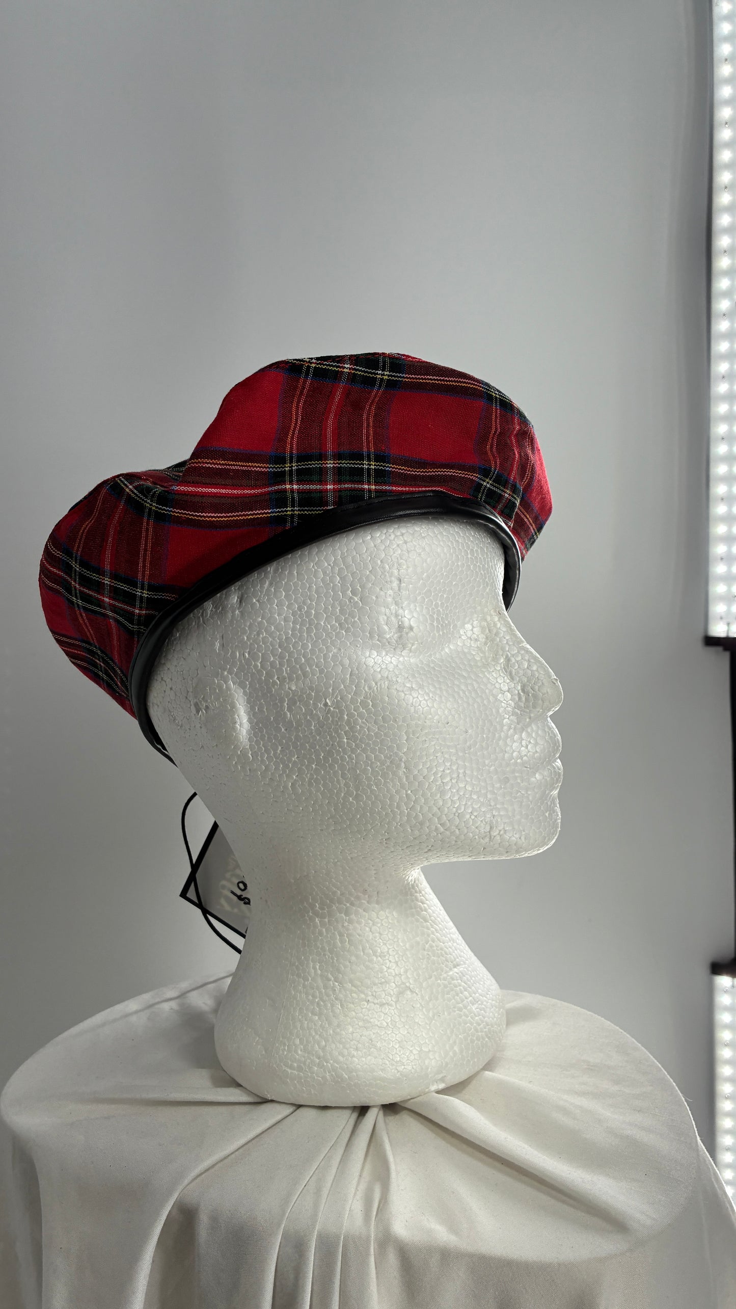 Red Plaid Beret with Vegan Leather Strap with Silver Metal Hardware
