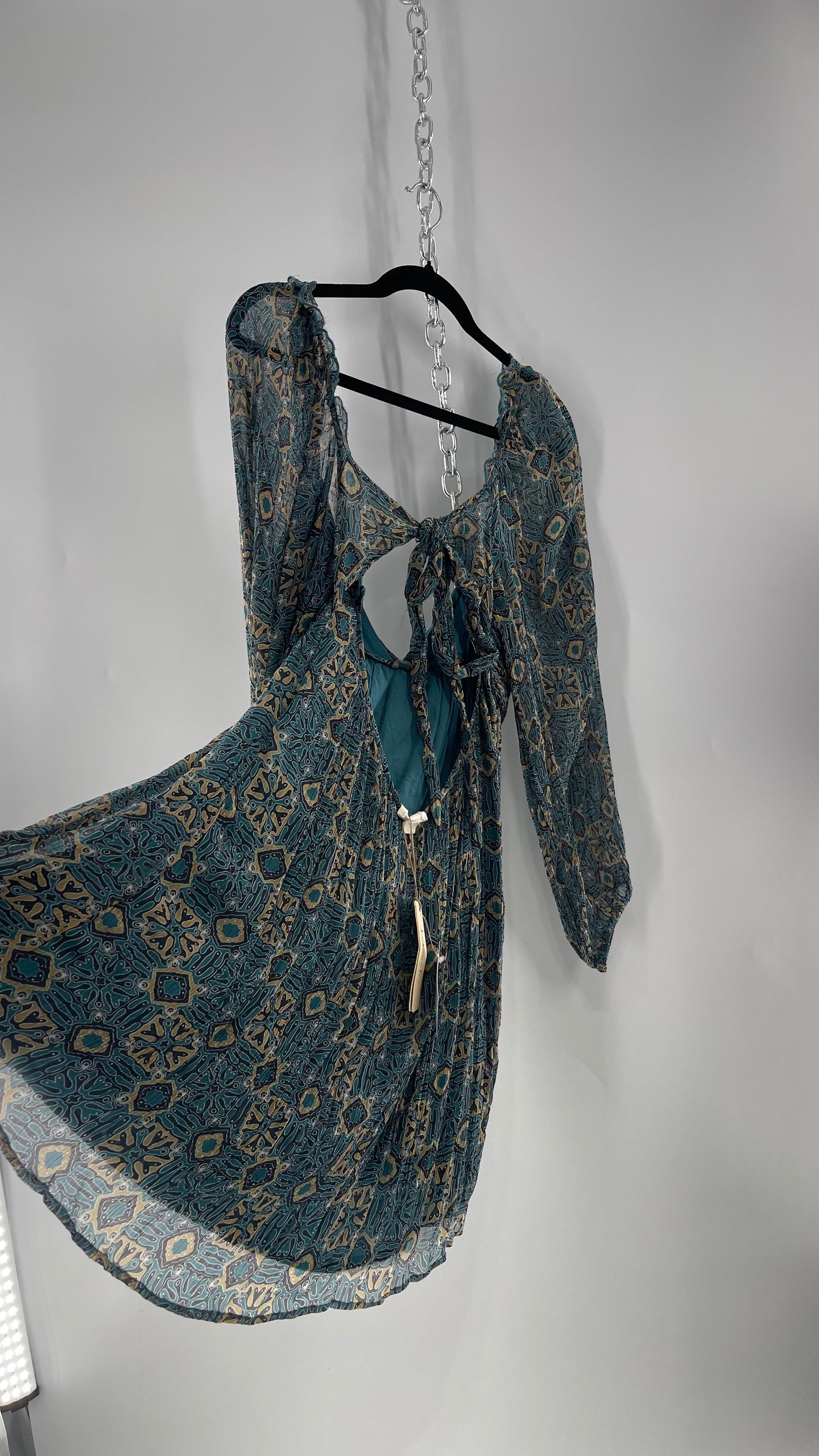 Let Me Be Crimped Balloon Sleeve Mini Dress with Wired Bust and Tie/Open Back Detail with Tags Attached (Medium)